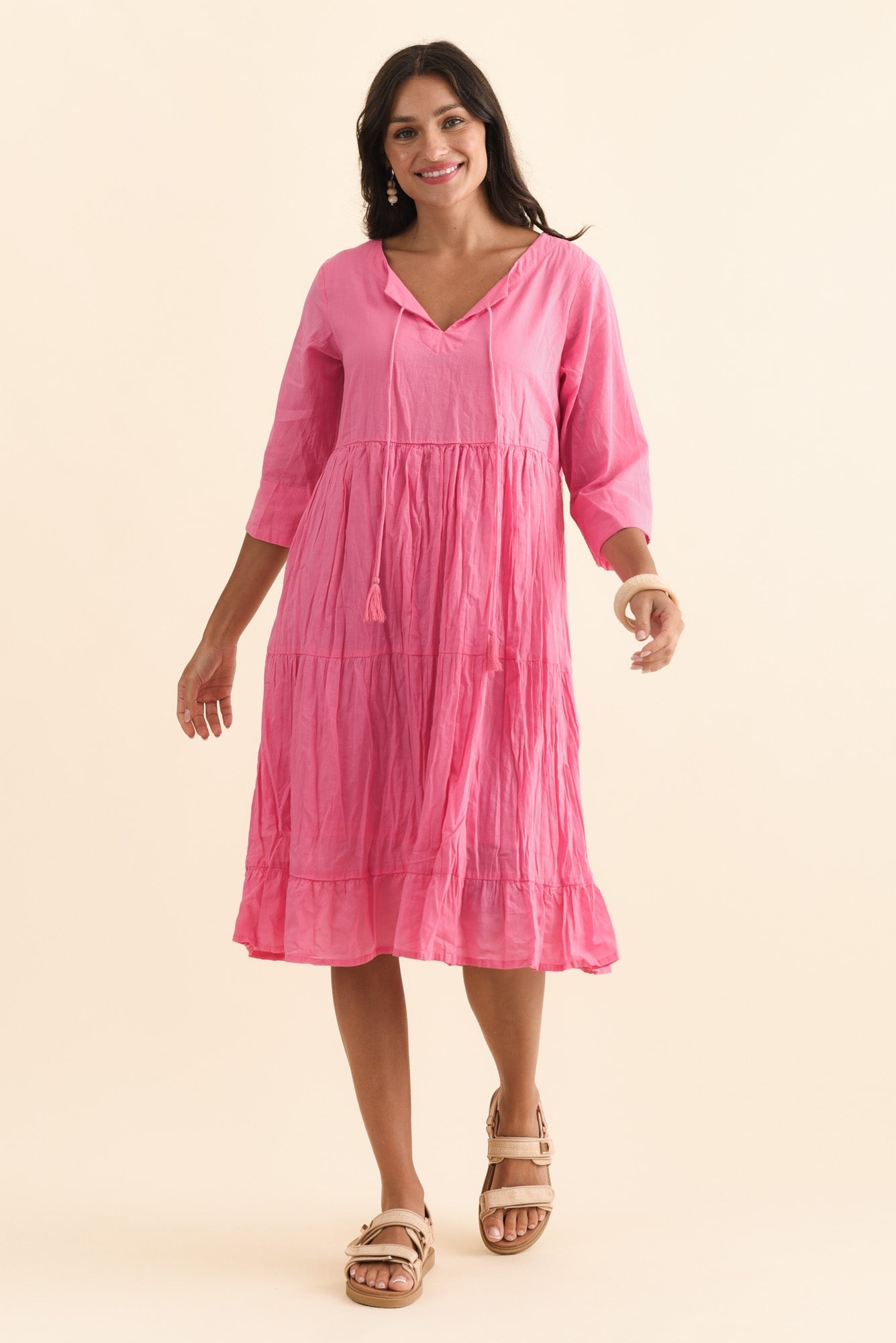 Milana Bright Pink Crinkle Cotton Dress Front View