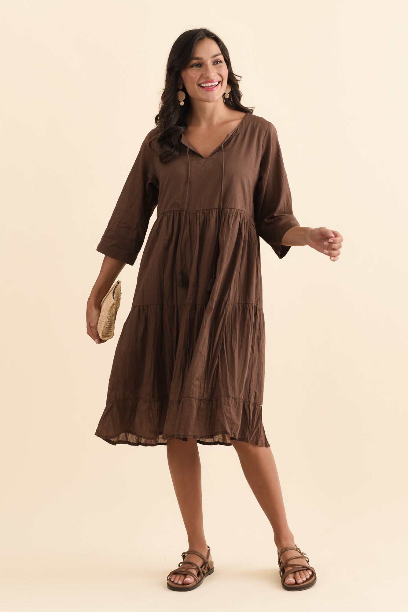 Milana Chocolate Crinkle Cotton Dress Front View 2