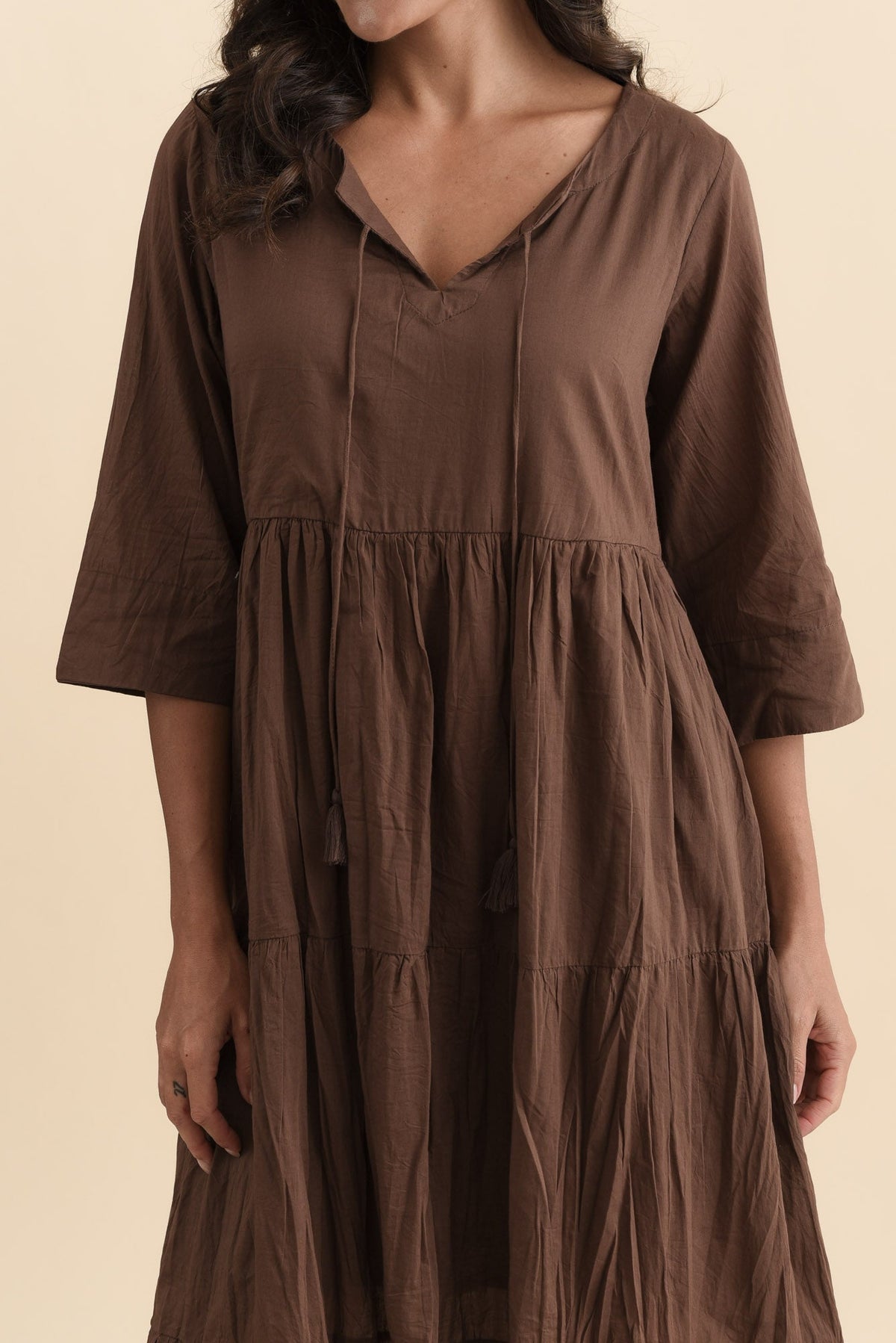 Milana Chocolate Crinkle Cotton Dress Full Length View