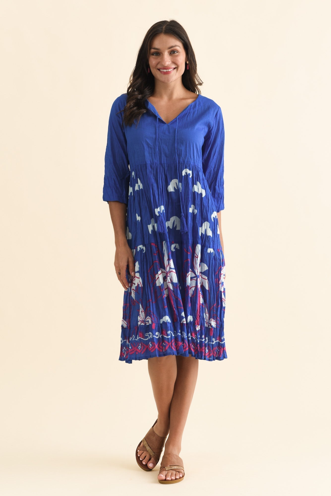 Milana Cobalt Tropical Crinkle Cotton Dress Front View