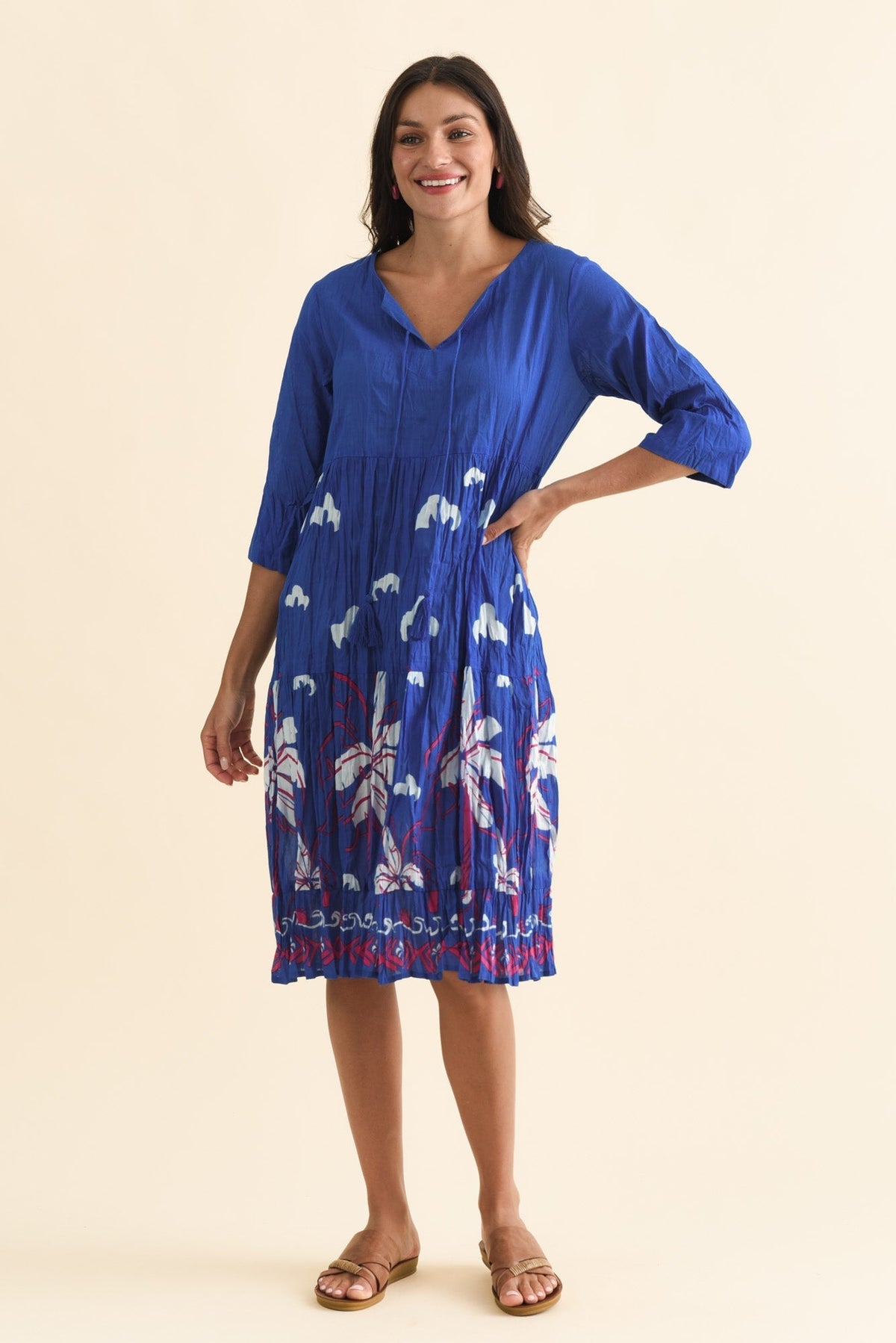 Milana Cobalt Tropical Crinkle Cotton Dress Full Length View
