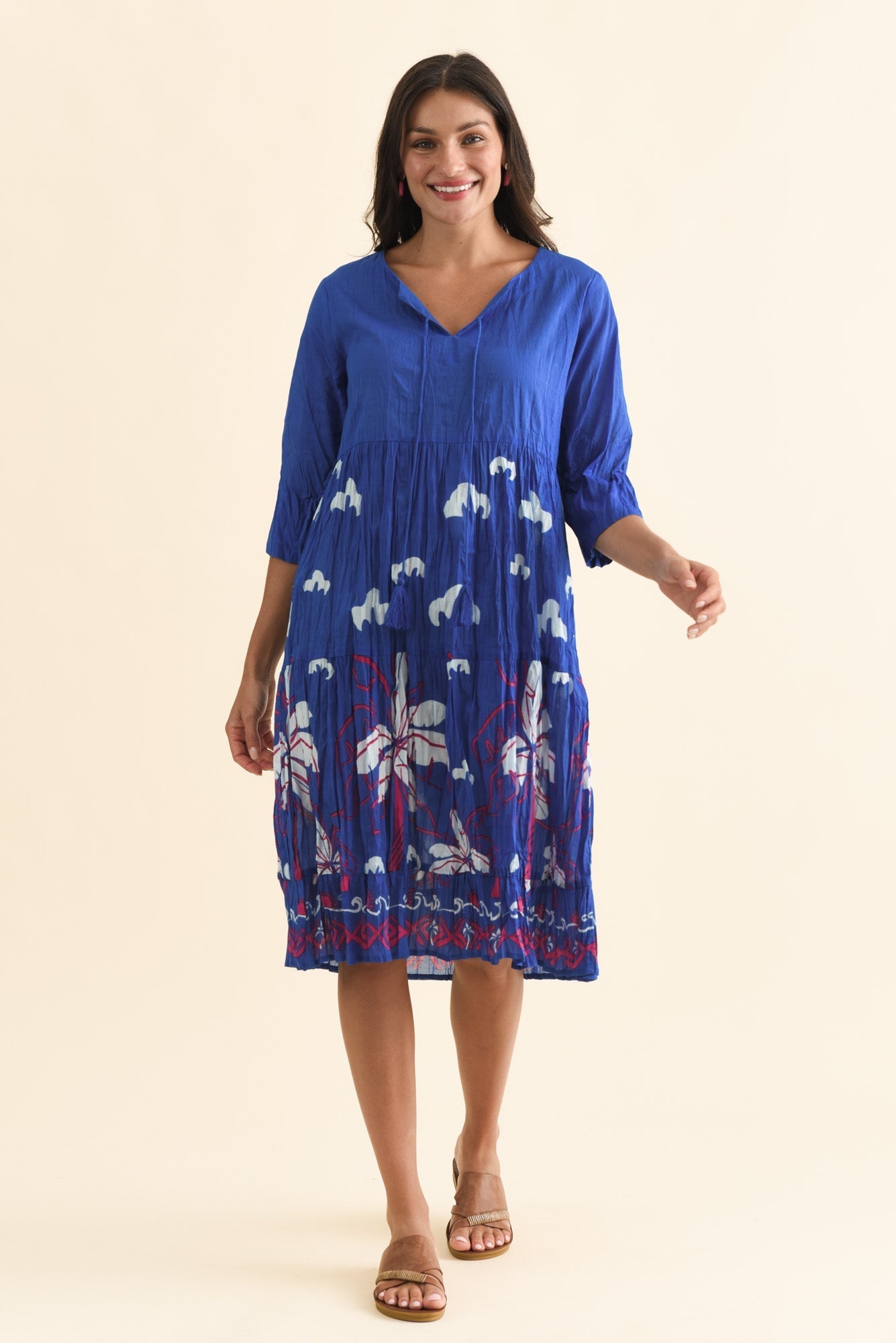 Milana Cobalt Tropical Crinkle Cotton Dress Front View 2