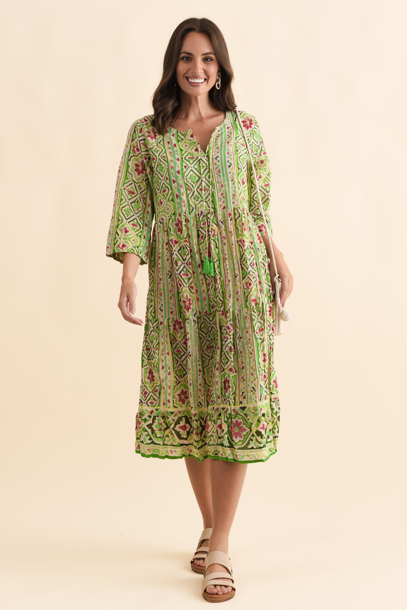 Milana Green Abstract Crinkle Cotton Dress Front View