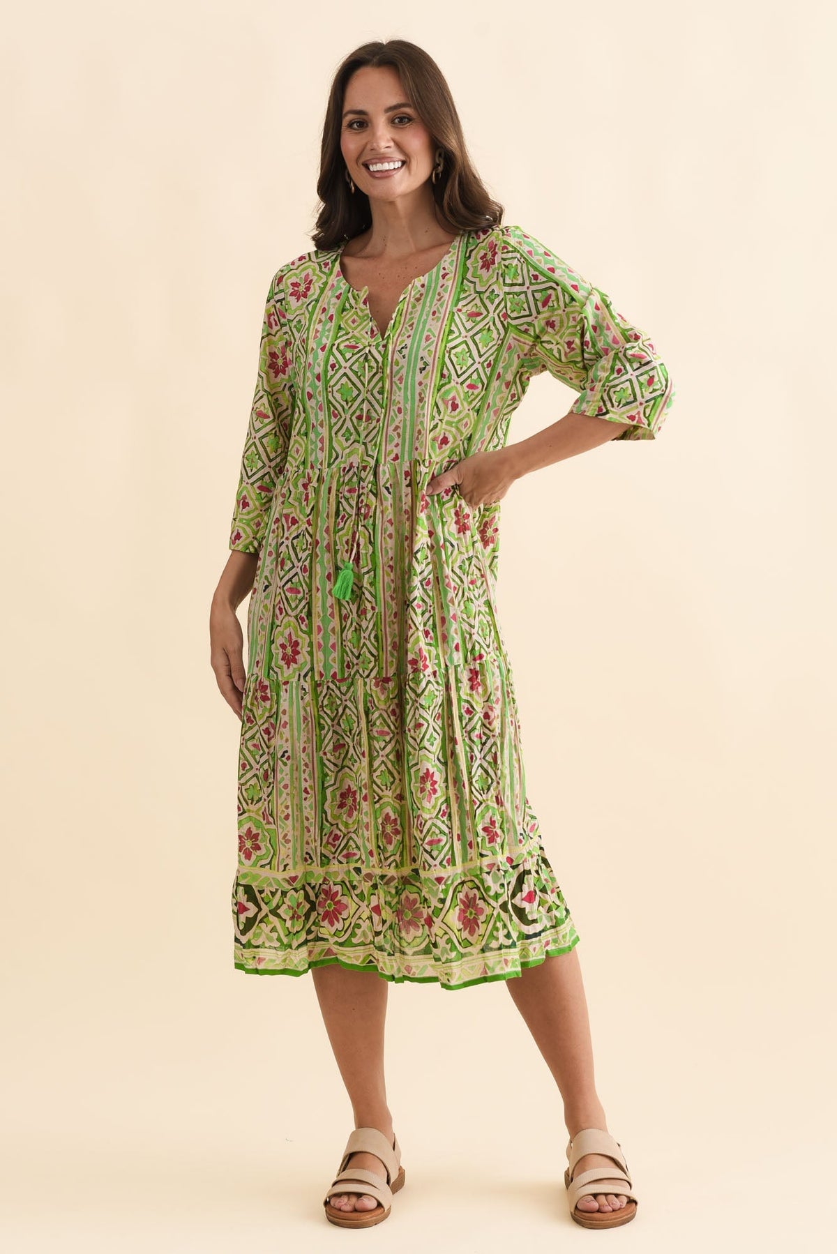 Milana Green Abstract Crinkle Cotton Dress Back View