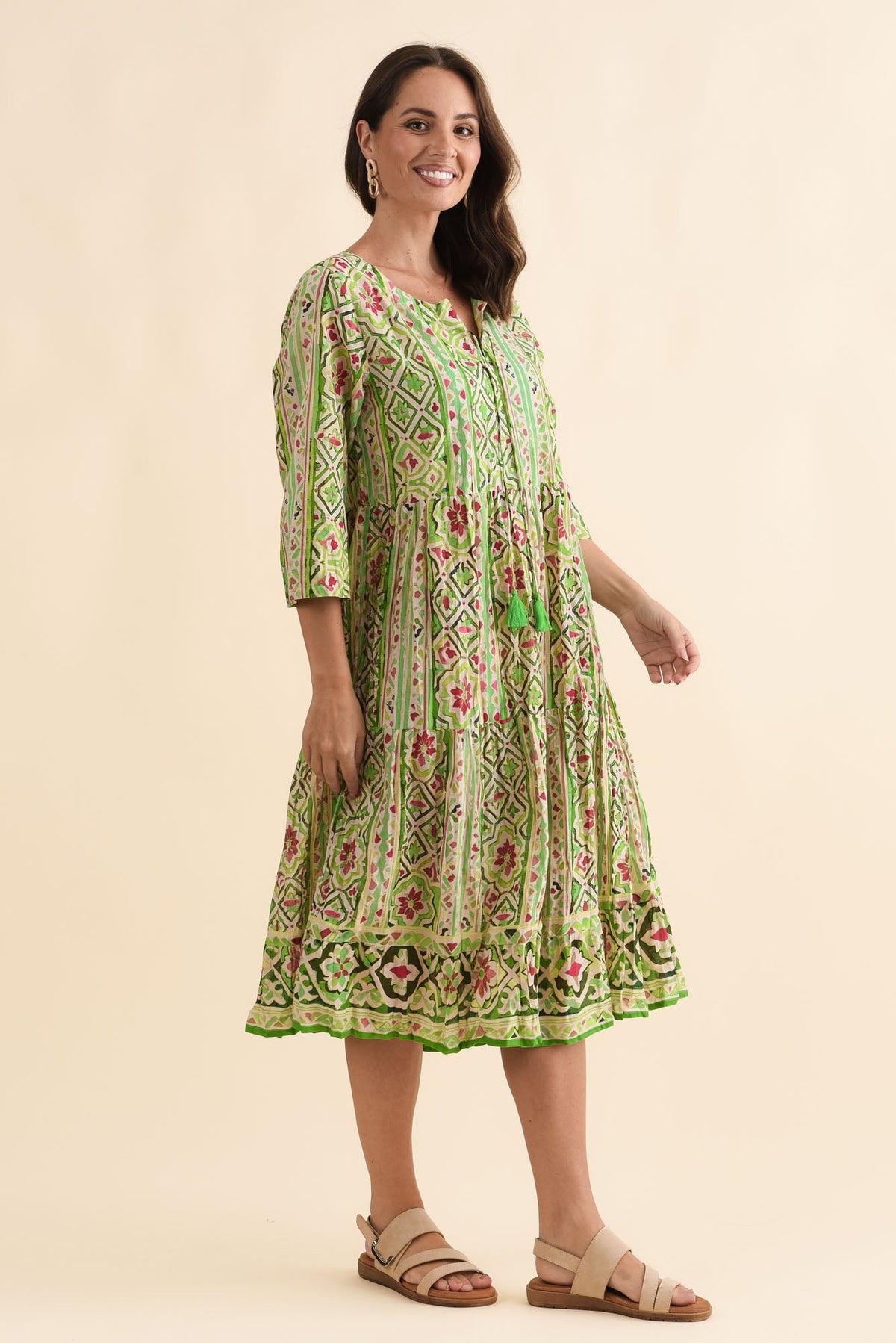 Milana Green Abstract Crinkle Cotton Dress Side View