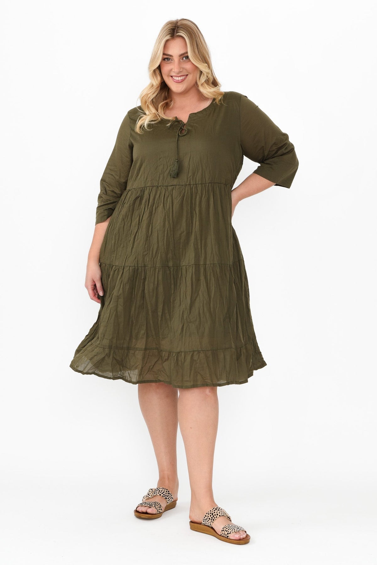 Milana Khaki Crinkle Cotton Dress Side View 2