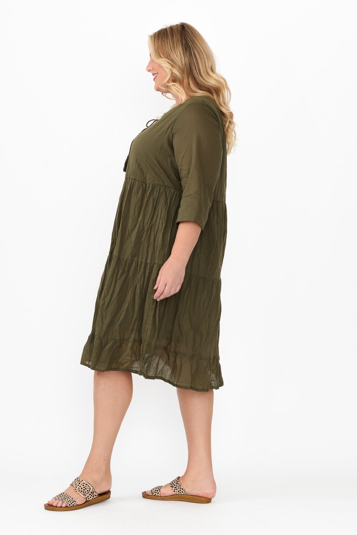 Milana Khaki Crinkle Cotton Dress Detail View 2
