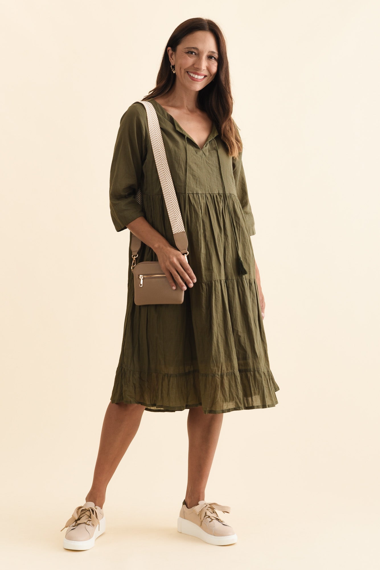 Milana Khaki Crinkle Cotton Dress Front View
