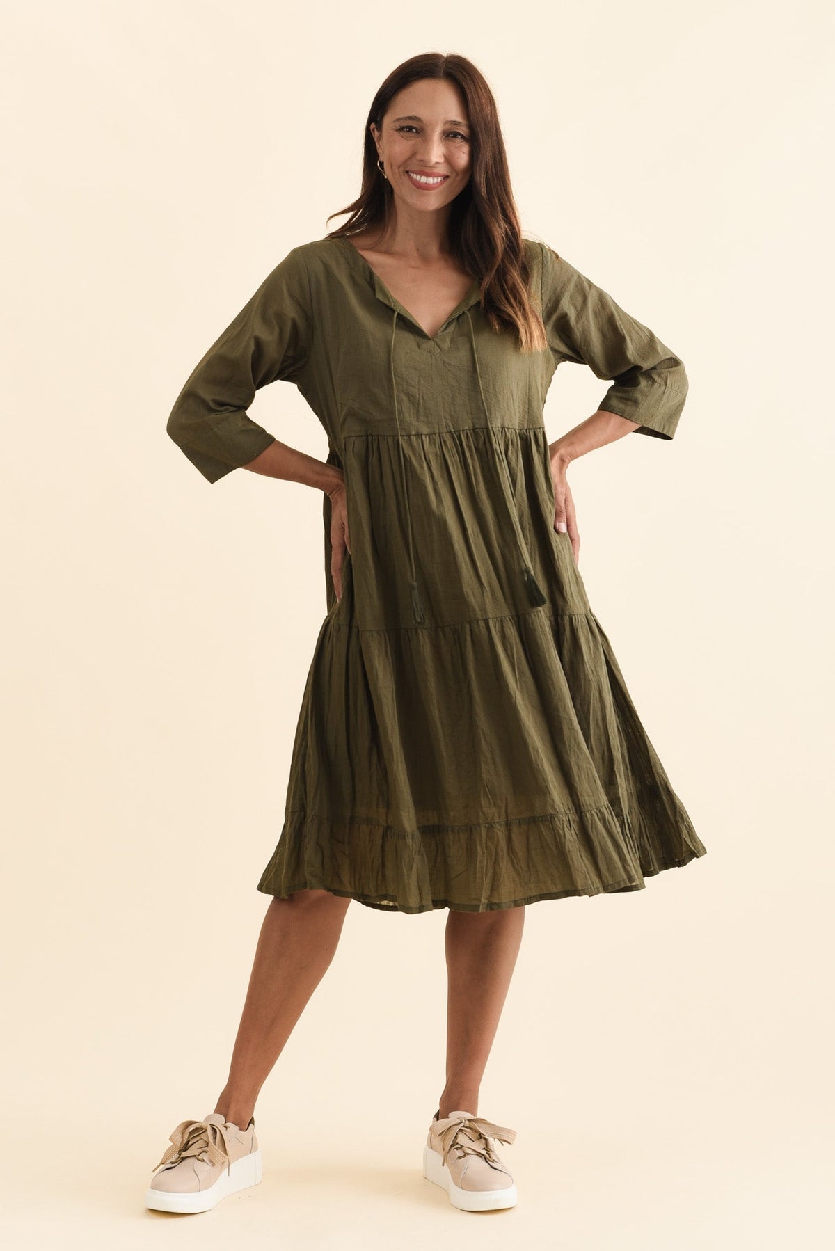 Milana Khaki Crinkle Cotton Dress Back View 2