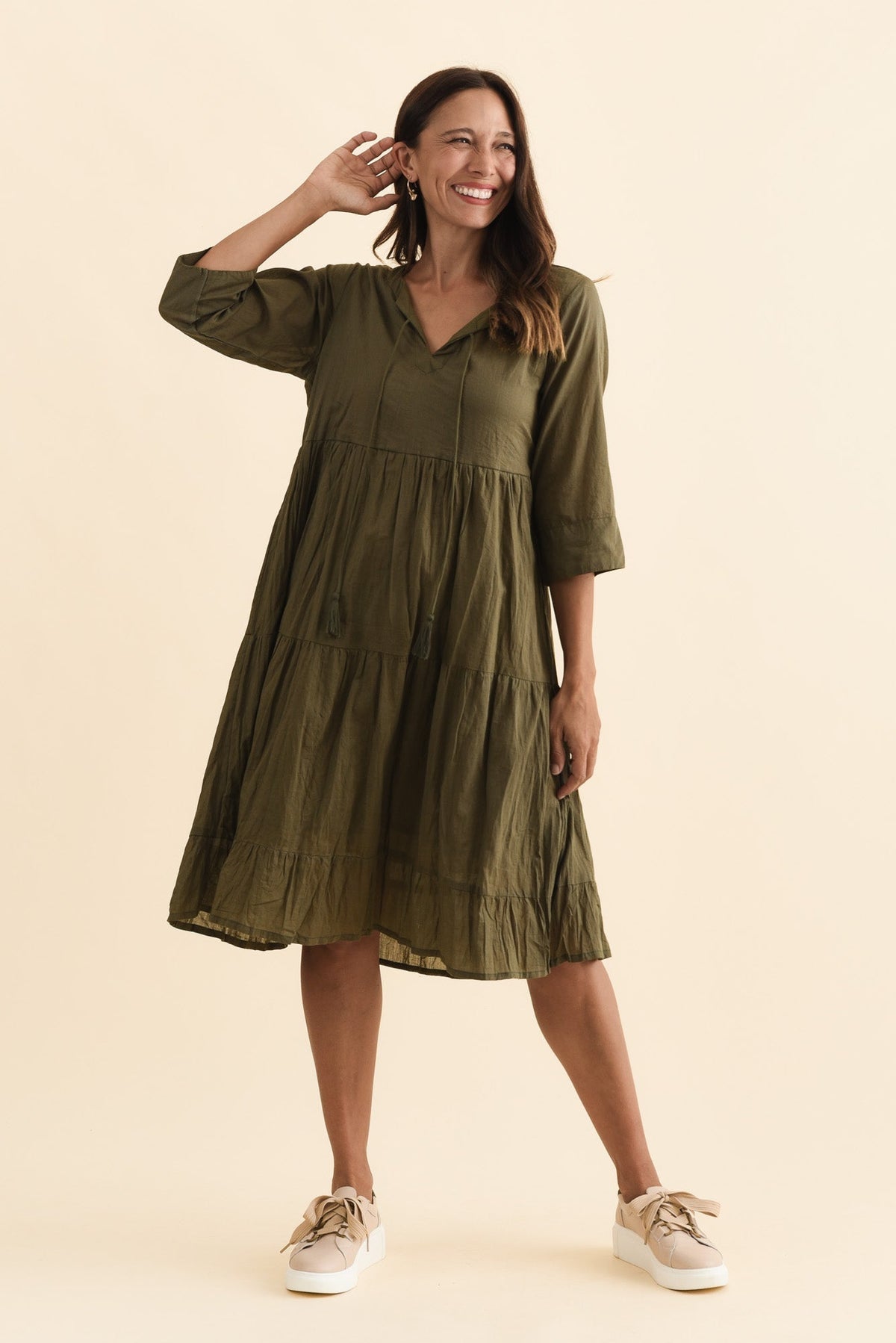 Milana Khaki Crinkle Cotton Dress Back View