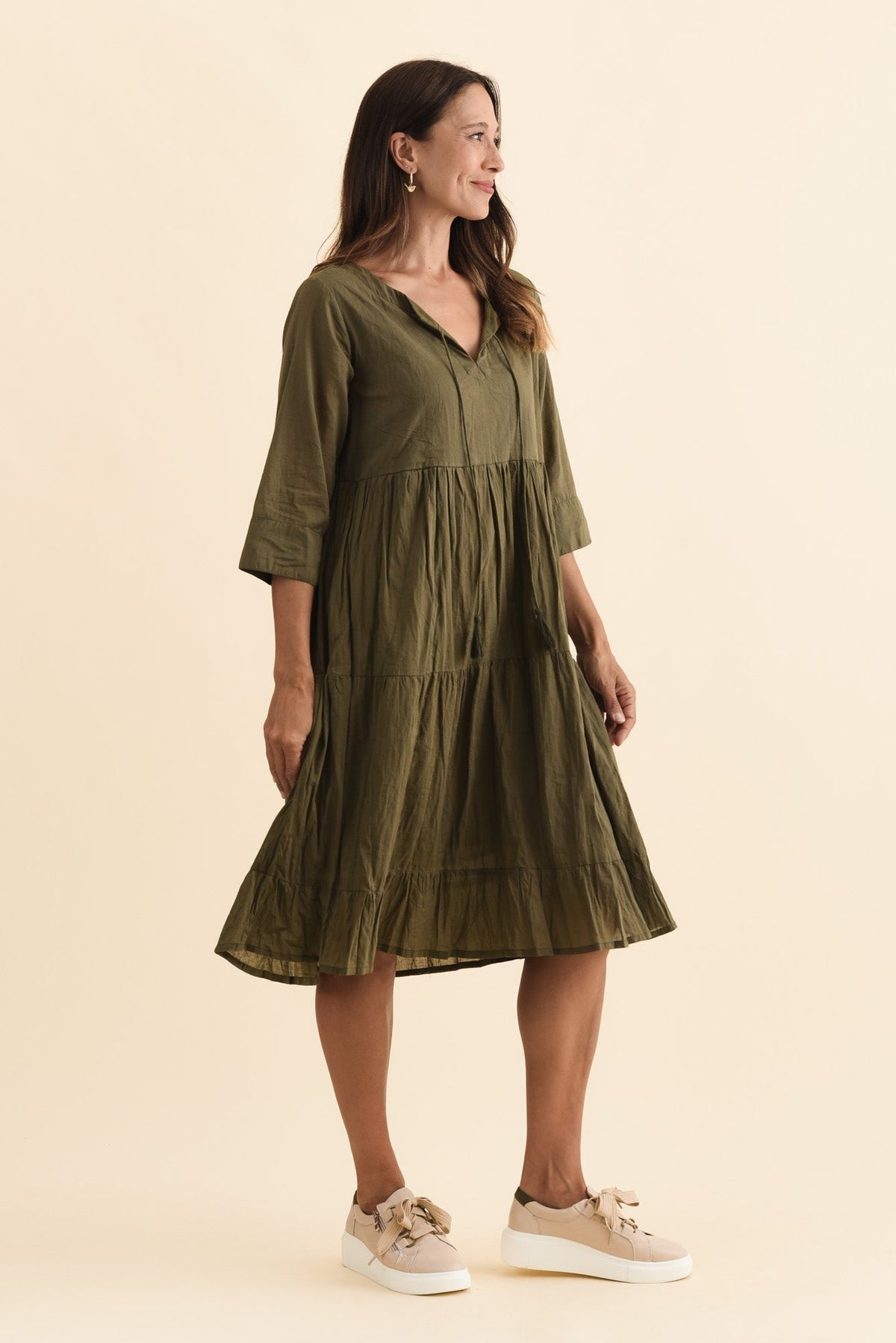 Milana Khaki Crinkle Cotton Dress Side View