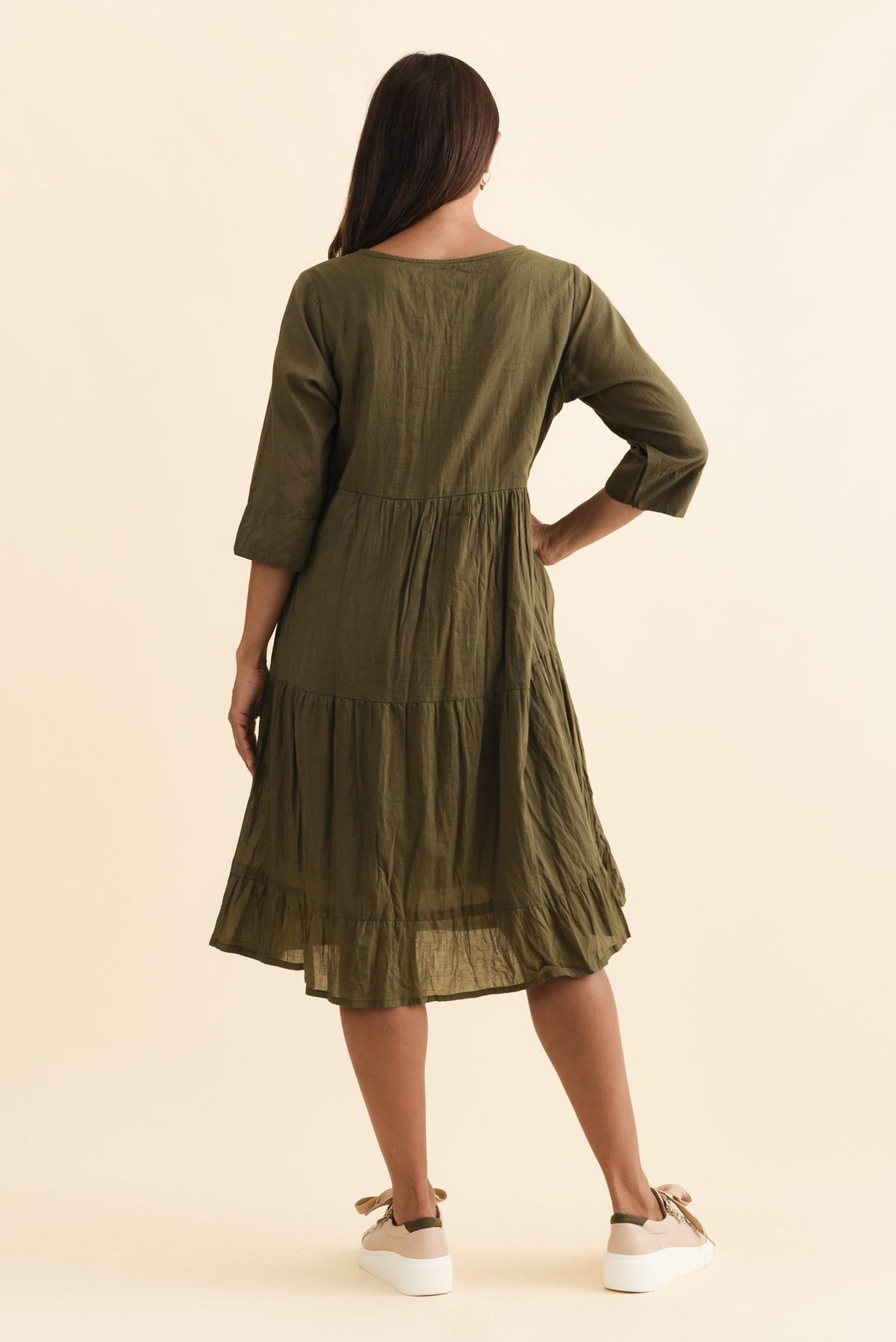 Milana Khaki Crinkle Cotton Dress Detail View