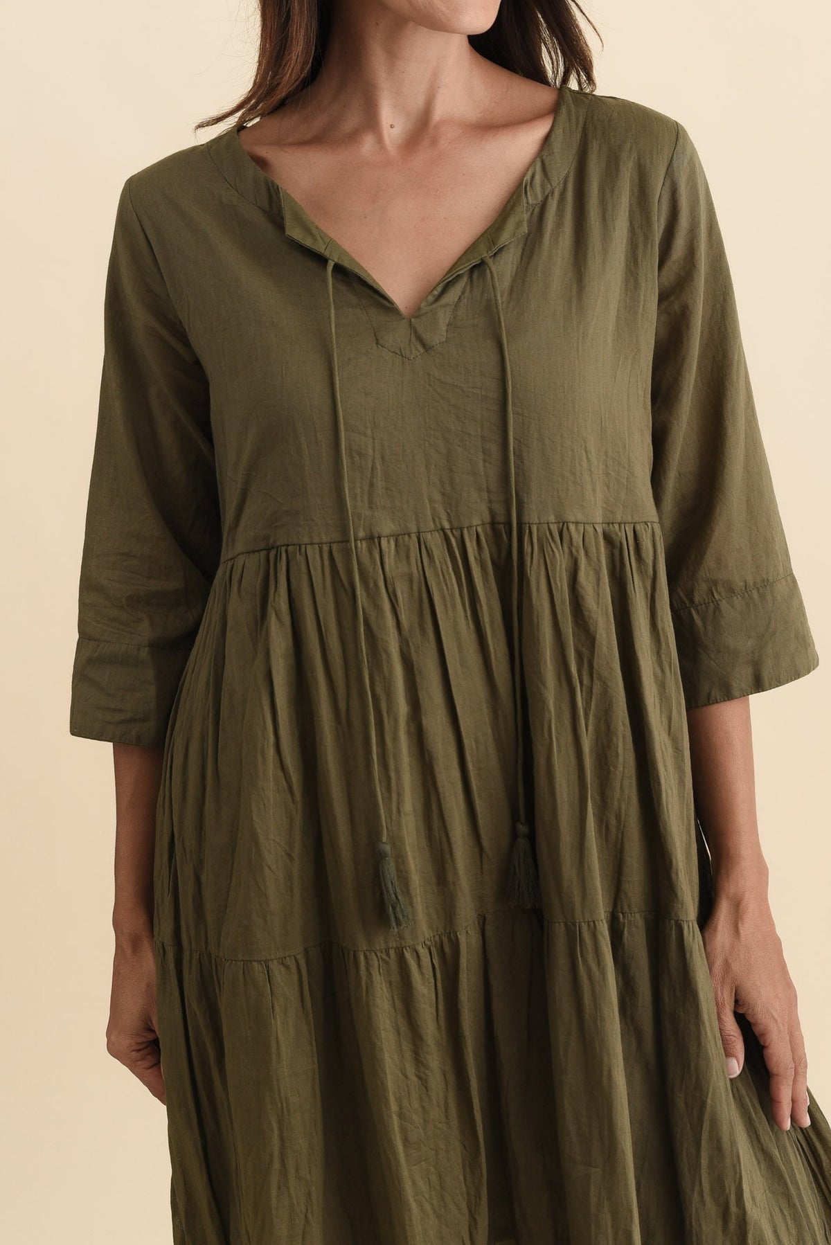 Milana Khaki Crinkle Cotton Dress Full Length View