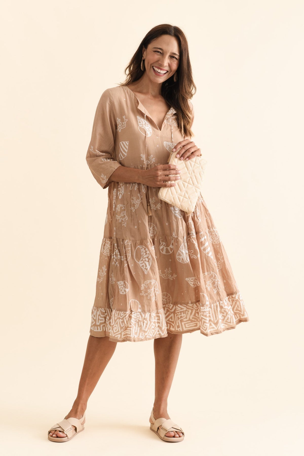 Milana Mocha Seashell Crinkle Cotton Dress Front View