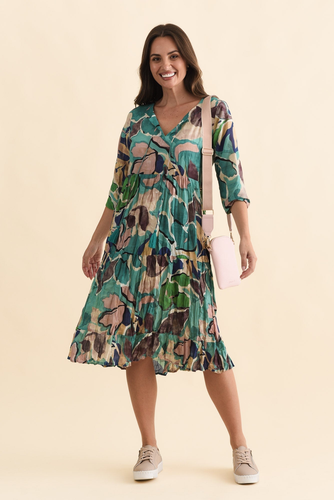 Milana Teal Foliage Crinkle Cotton Dress Front View 2