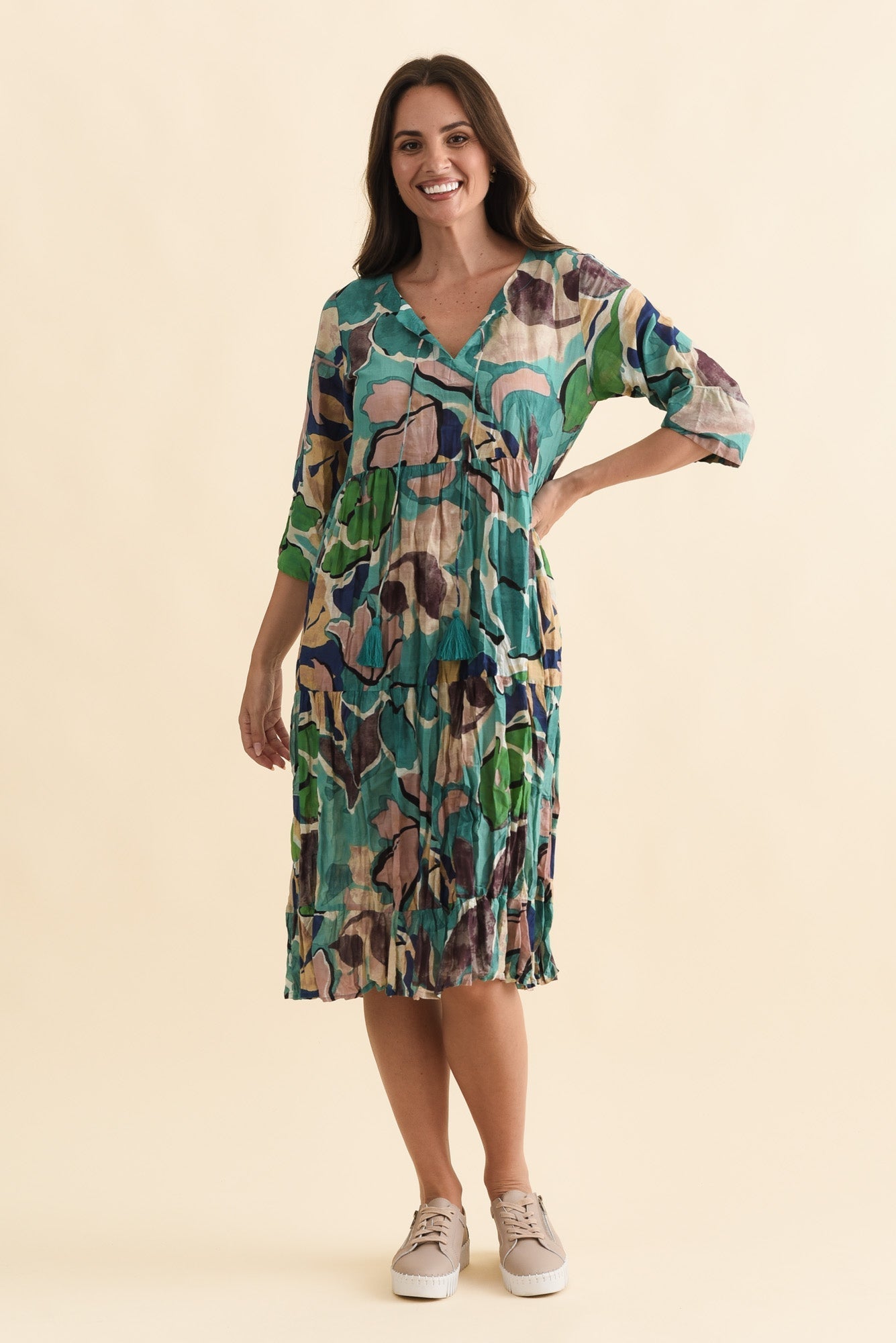Milana Teal Foliage Crinkle Cotton Dress Front View