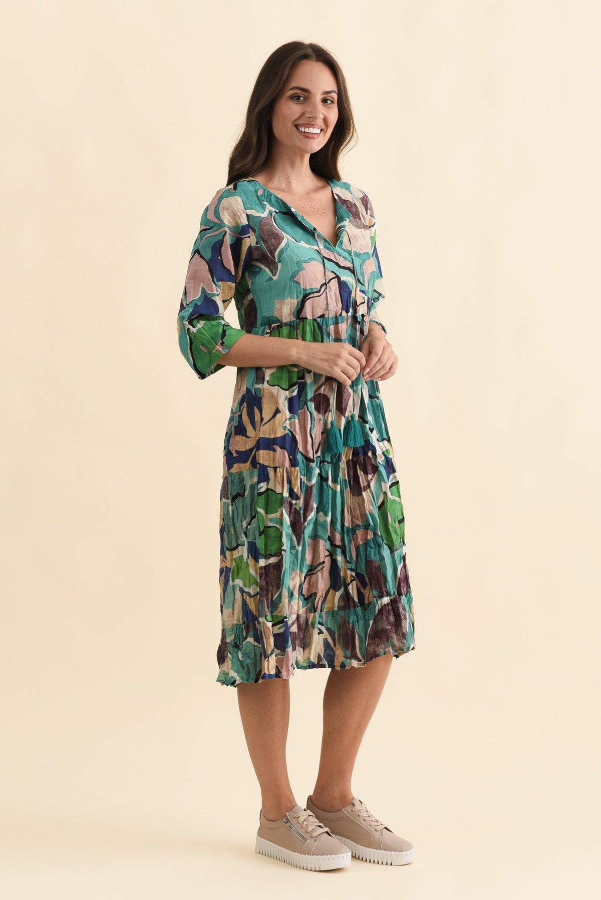 Milana Teal Foliage Crinkle Cotton Dress Back View