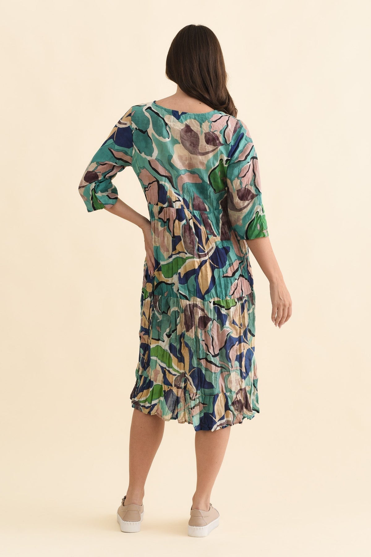 Milana Teal Foliage Crinkle Cotton Dress Side View