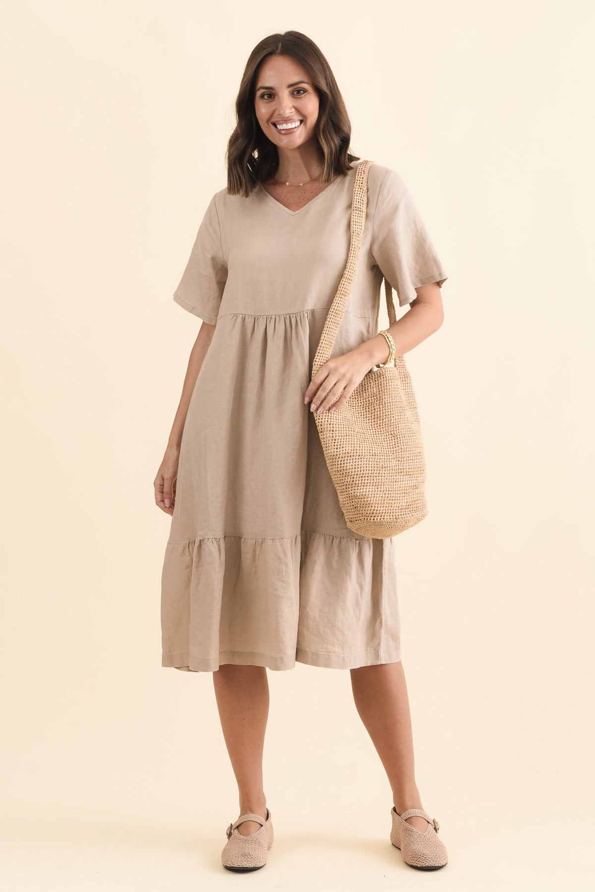 Miller Beige Linen Tiered Dress Front View 2