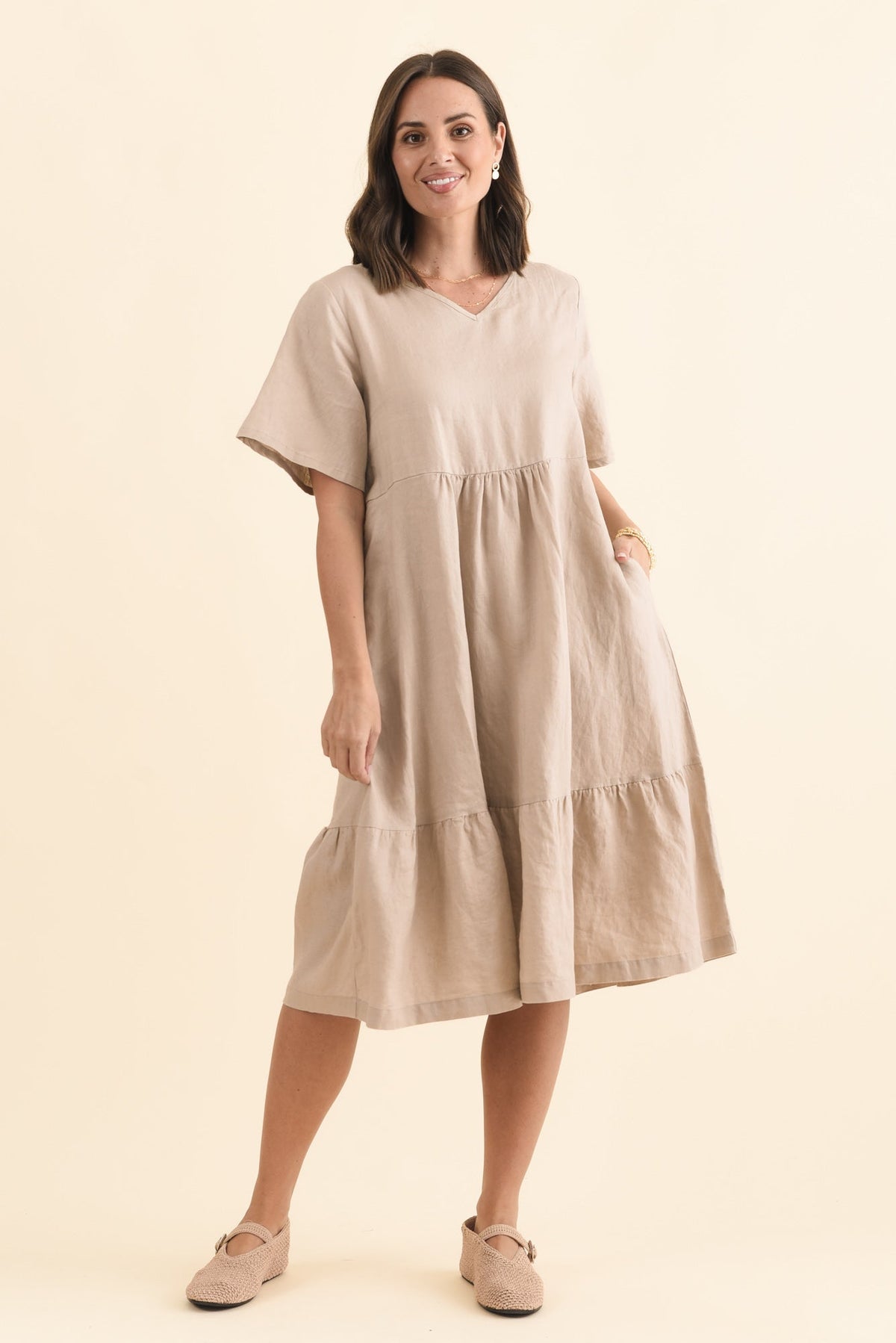 Miller Beige Linen Tiered Dress Full Length View