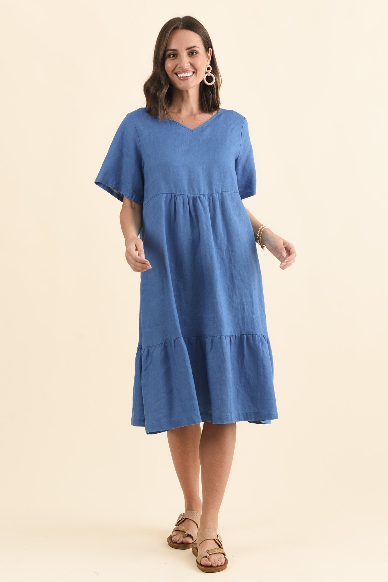 Miller Blue Linen Tiered Dress Full Length View
