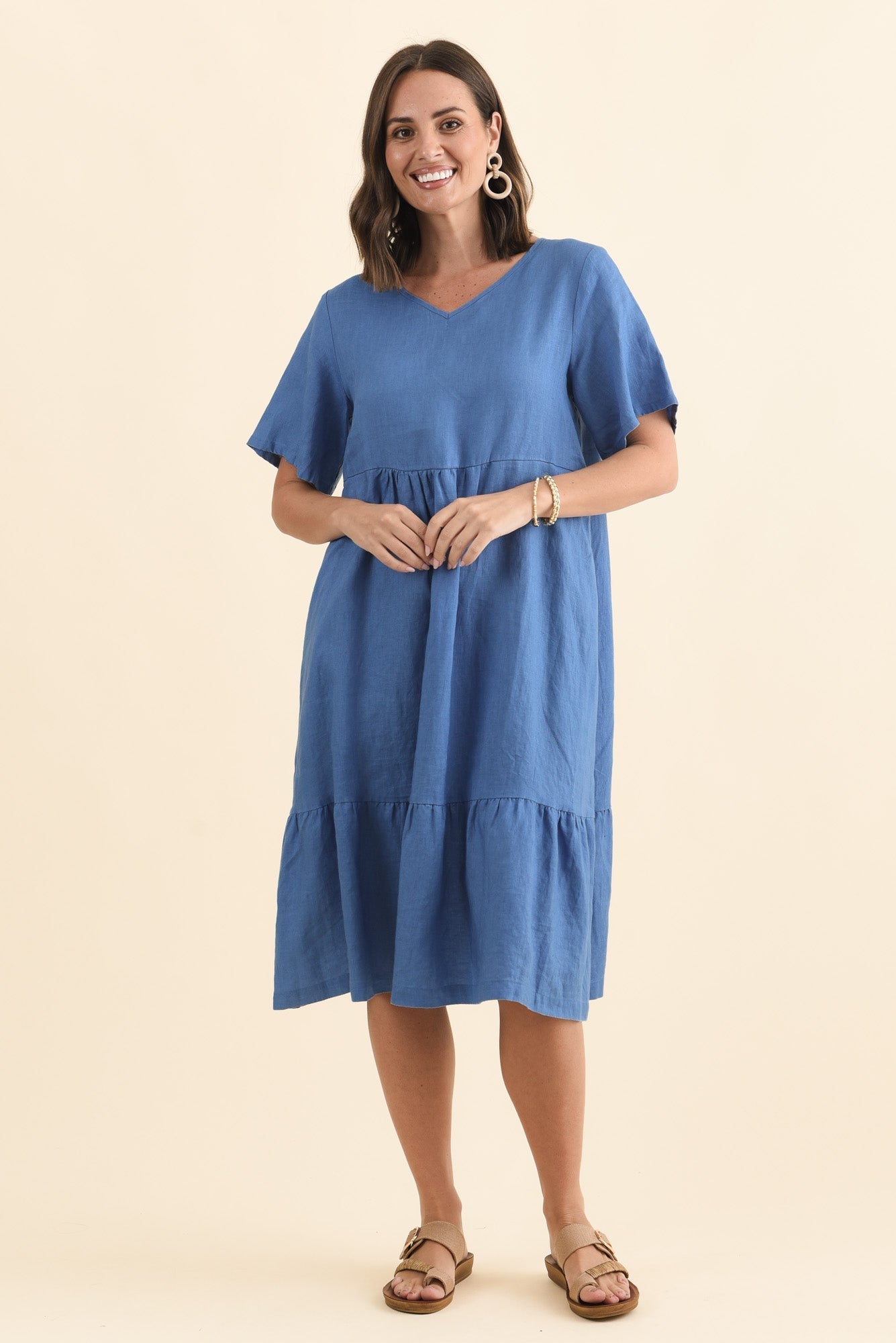 Miller Blue Linen Tiered Dress Front View