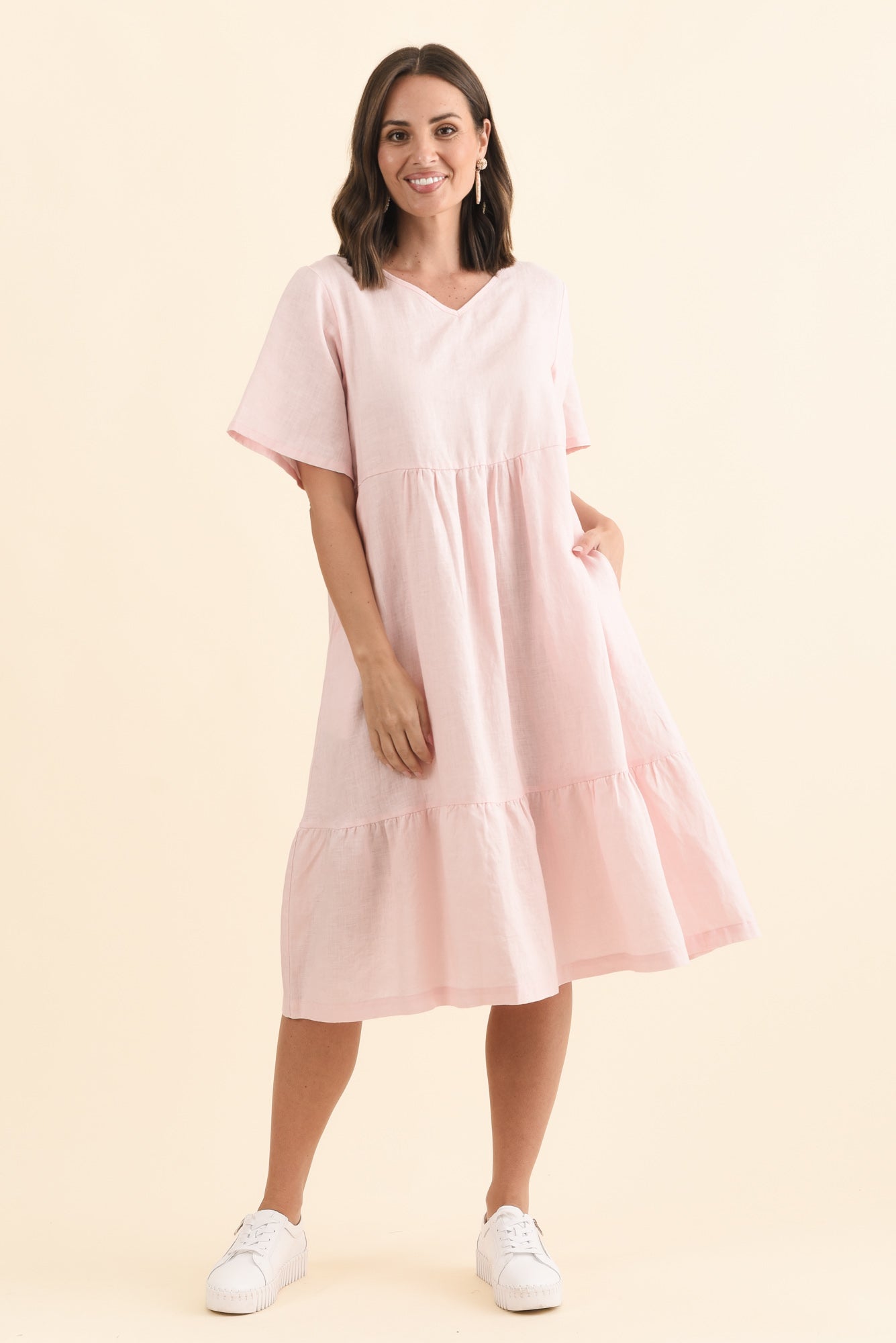 Miller Blush Linen Tiered Dress Front View 2