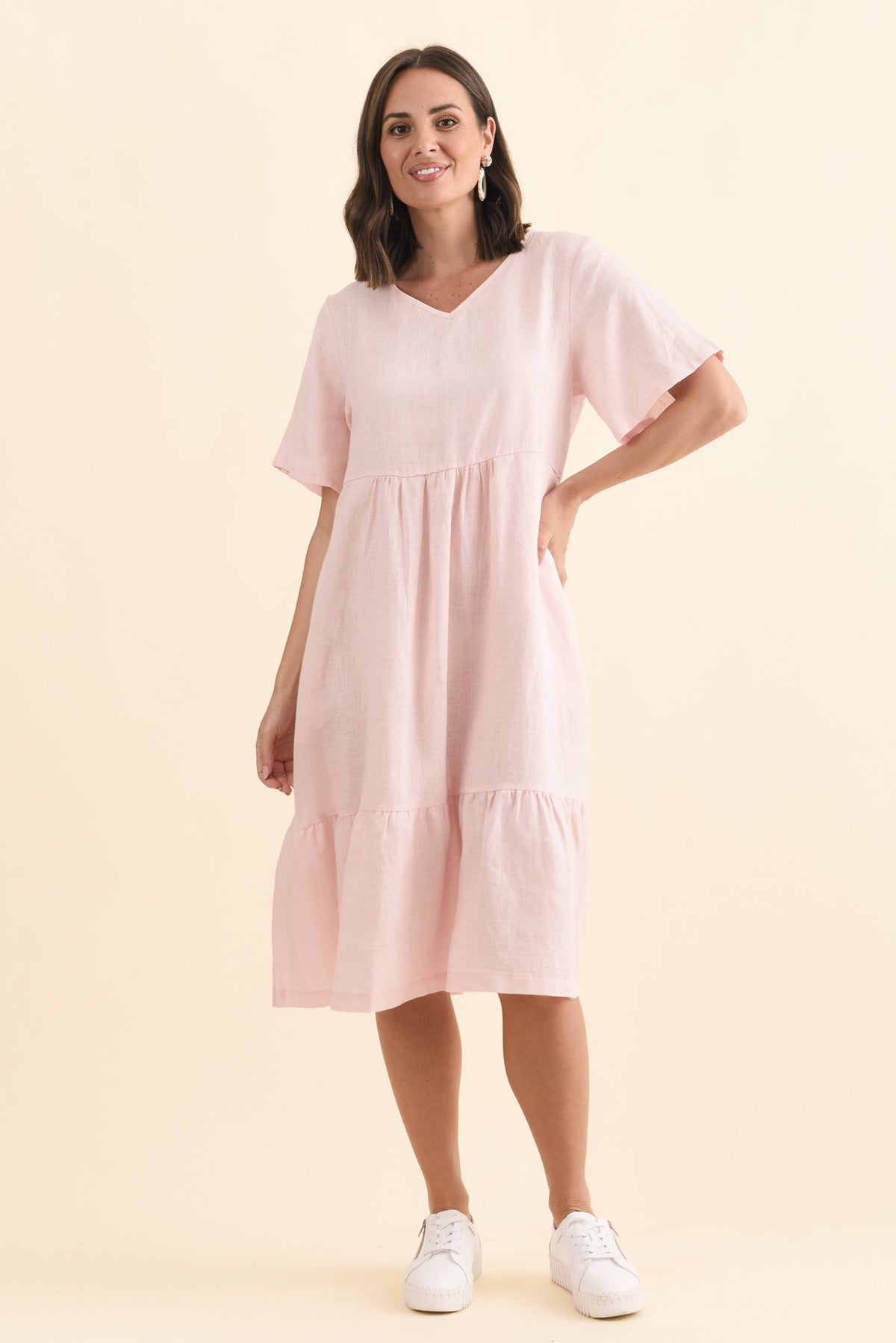 Miller Blush Linen Tiered Dress Full Length View
