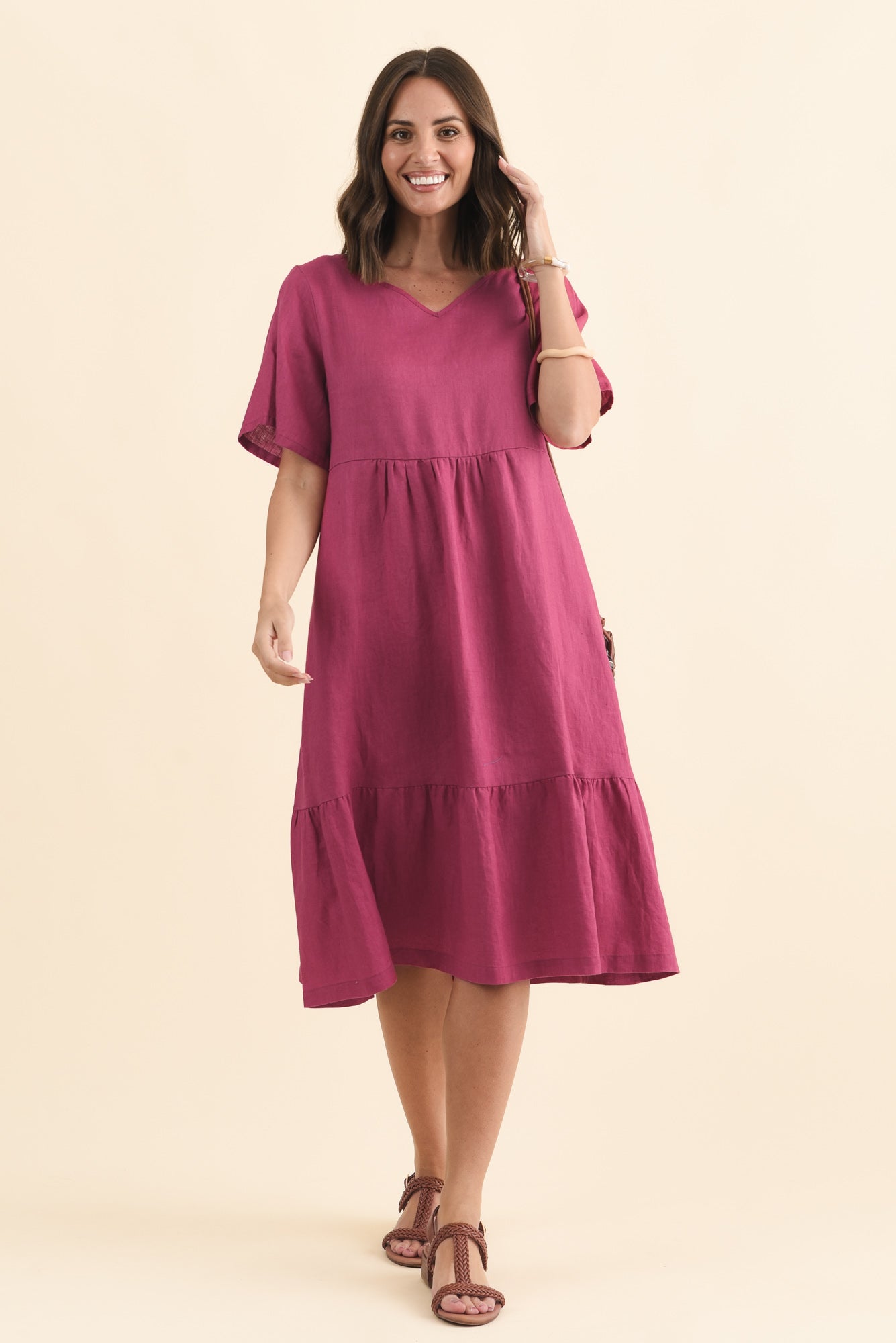 Miller Pink Linen Tiered Dress Front View 2