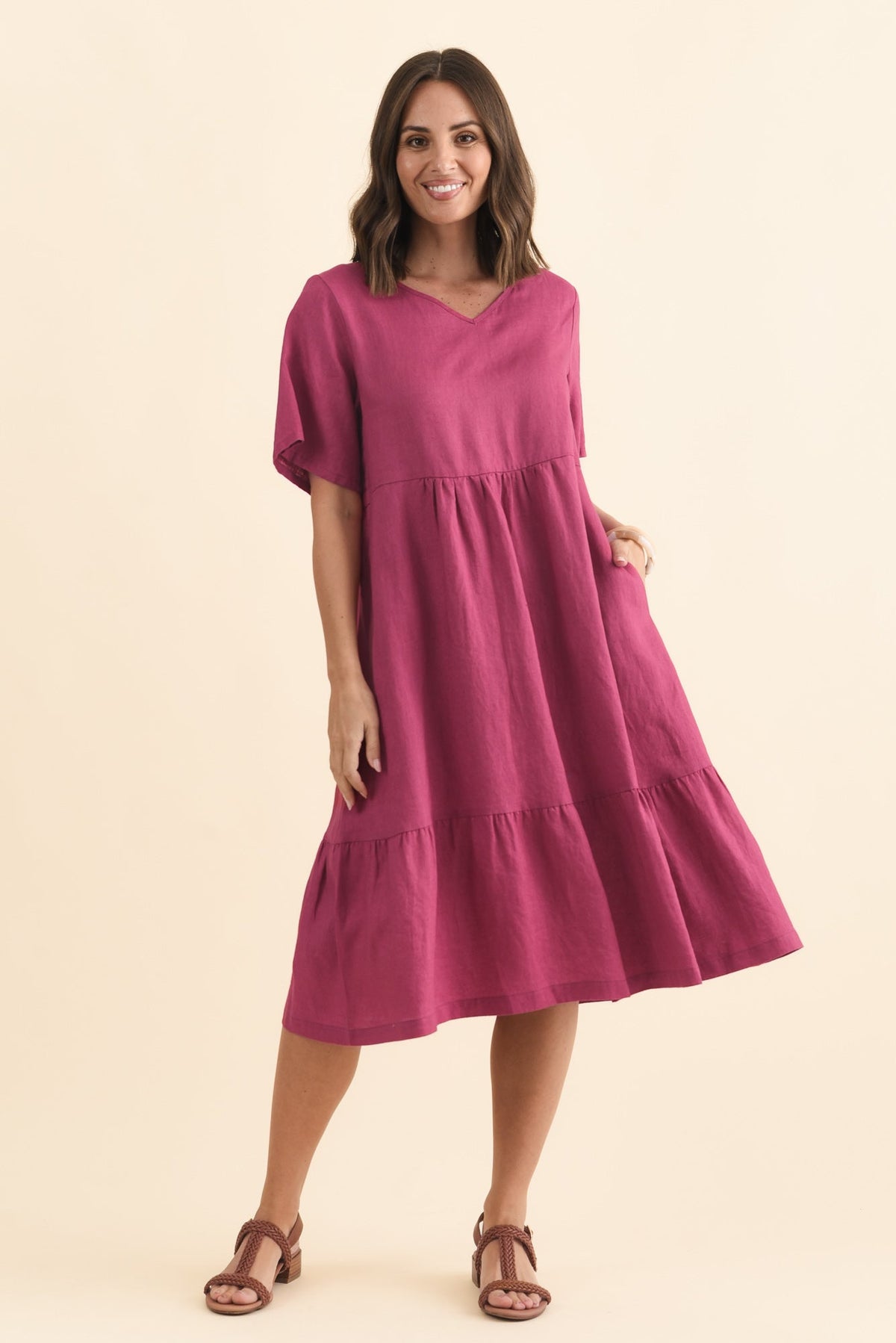 Miller Pink Linen Tiered Dress Full Length View