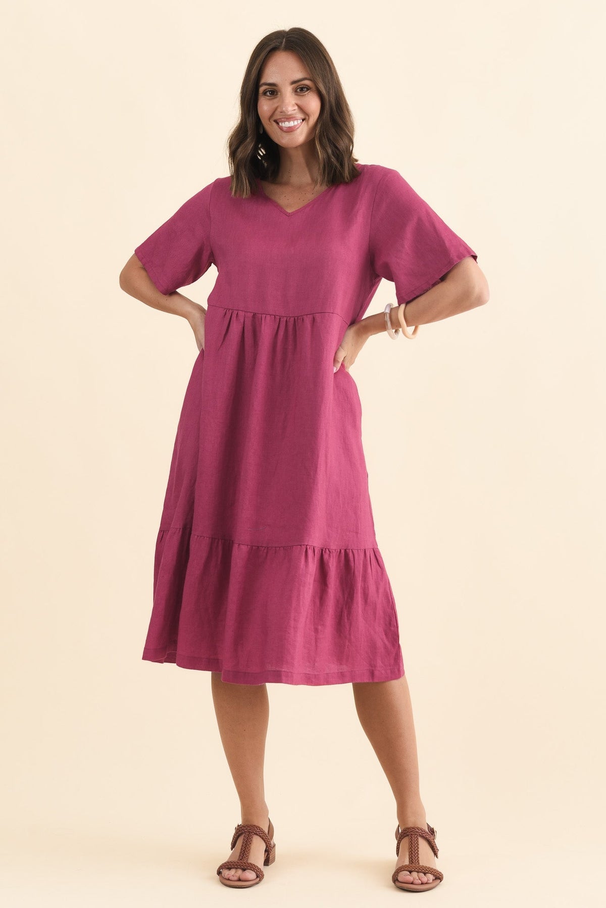 Miller Pink Linen Tiered Dress Front View