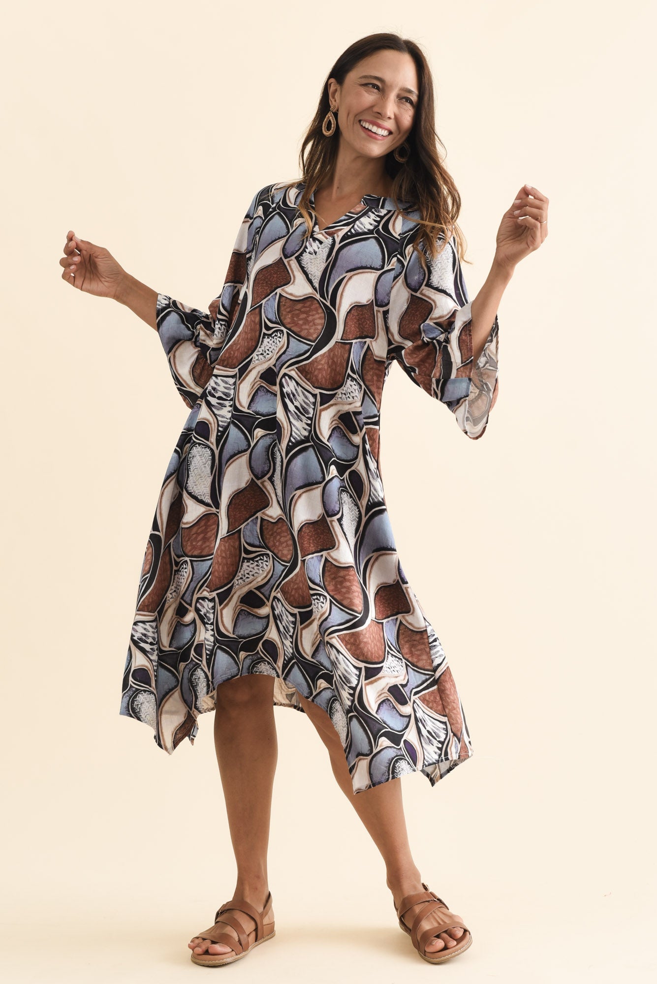 Millicent Blue Abstract Linen Cotton Dress Front View