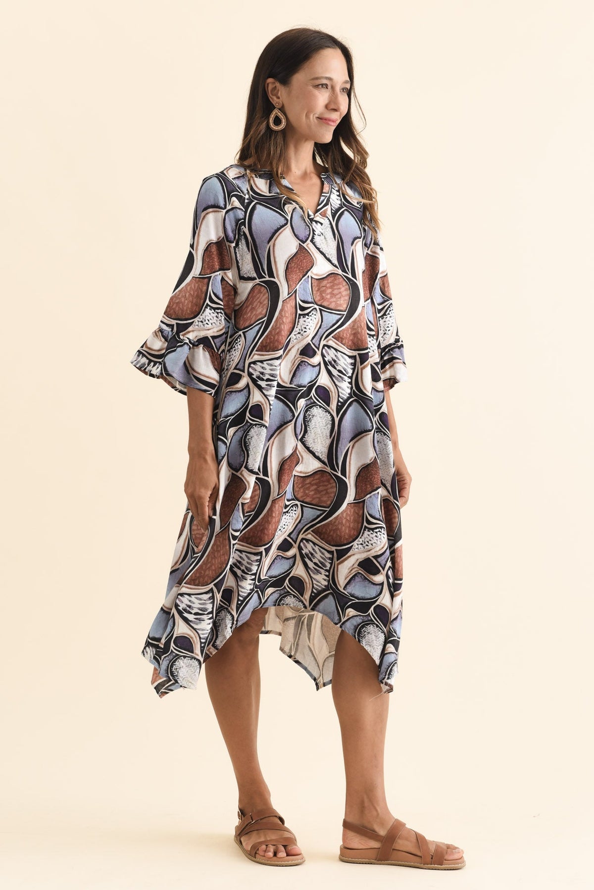 Millicent Blue Abstract Linen Cotton Dress Back View