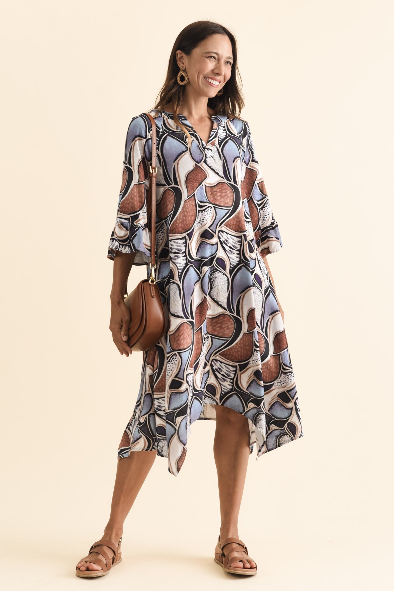 Millicent Blue Abstract Linen Cotton Dress Front View 2
