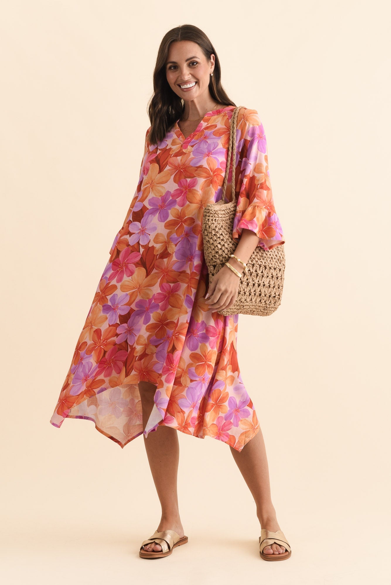 Millicent Orange Garden Linen Cotton Dress Front View 2