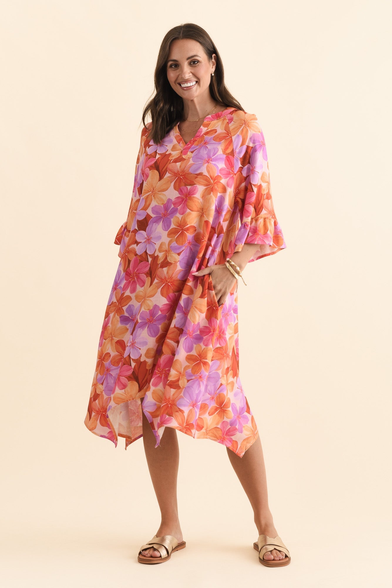 Millicent Orange Garden Linen Cotton Dress Full Length View