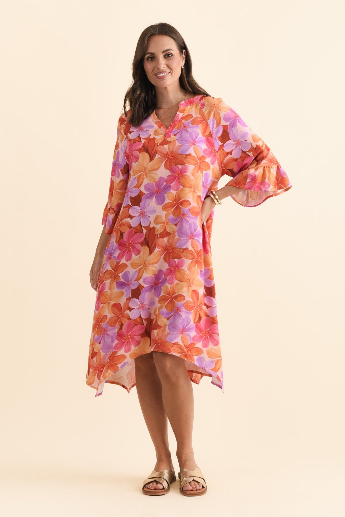 Millicent Orange Garden Linen Cotton Dress Front View