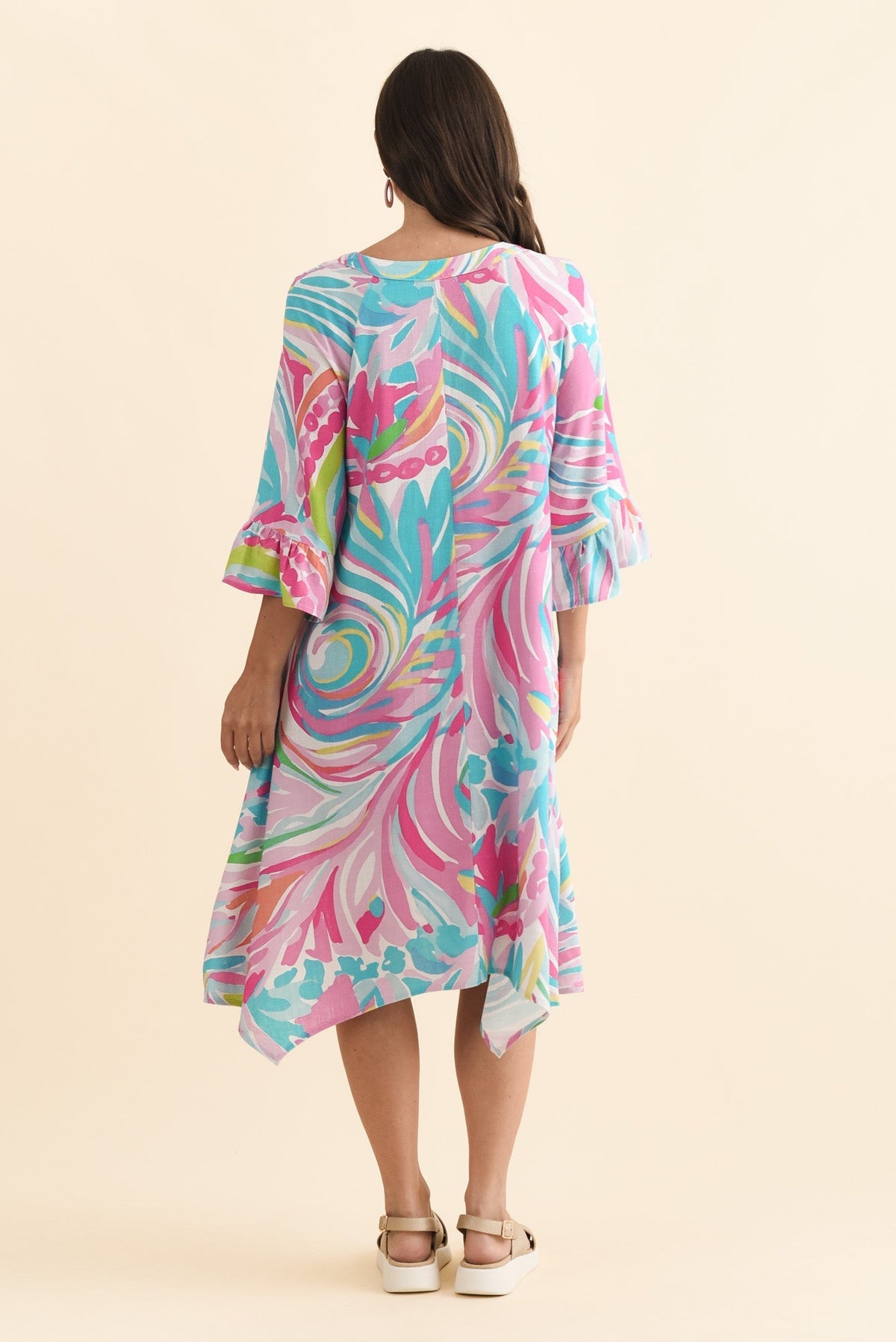 Millicent Pink Swirl Linen Cotton Dress Side View