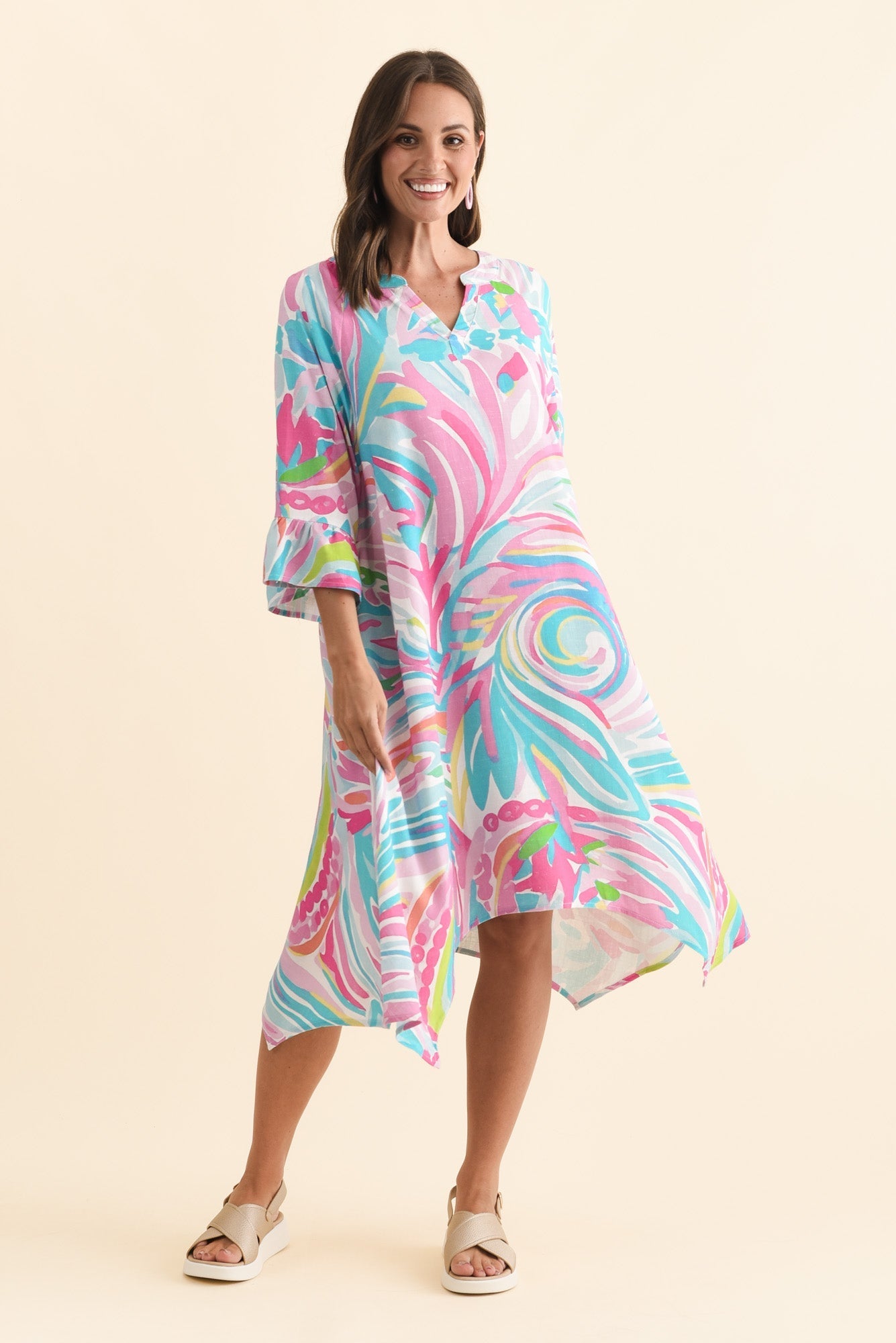 Millicent Pink Swirl Linen Cotton Dress Front View 2