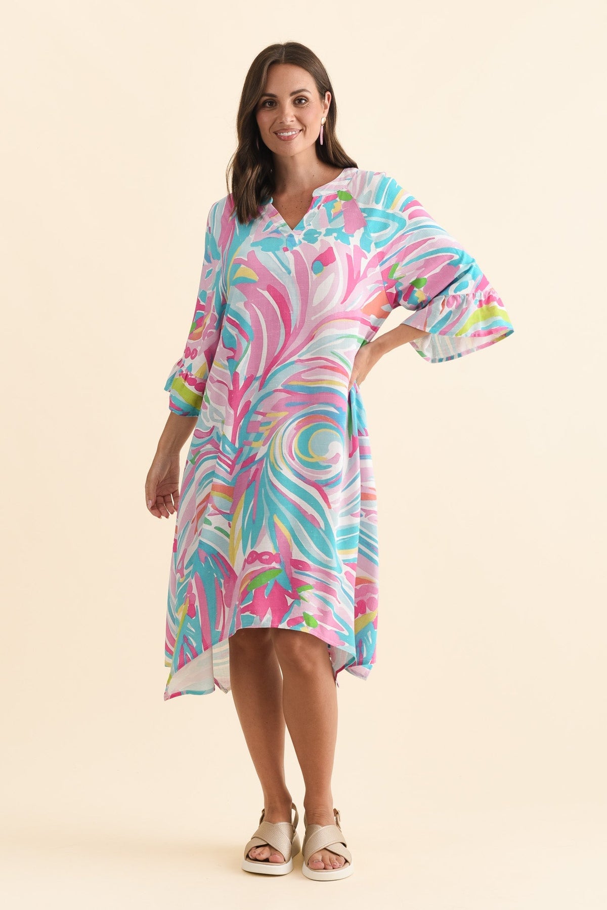 Millicent Pink Swirl Linen Cotton Dress Front View
