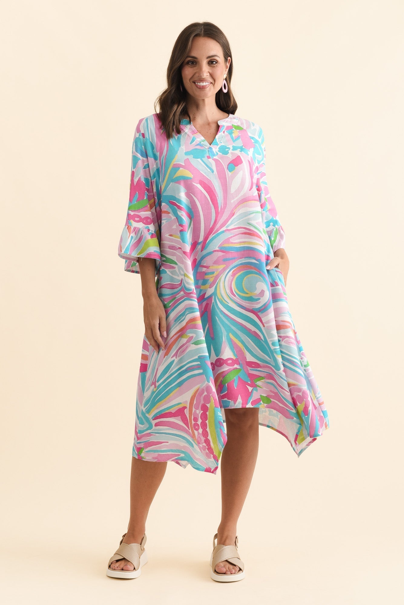 Millicent Pink Swirl Linen Cotton Dress Full Length View