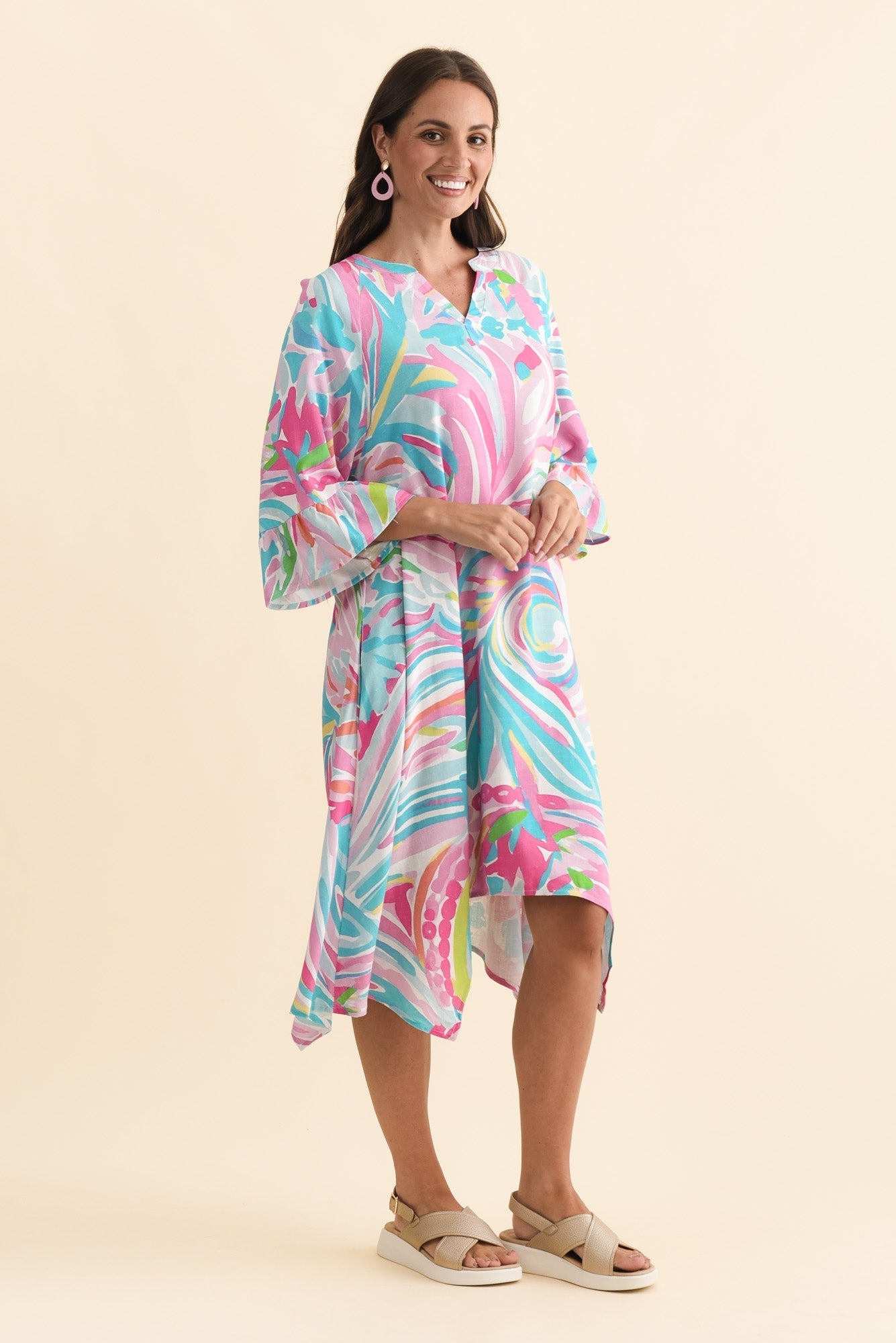 Millicent Pink Swirl Linen Cotton Dress Back View
