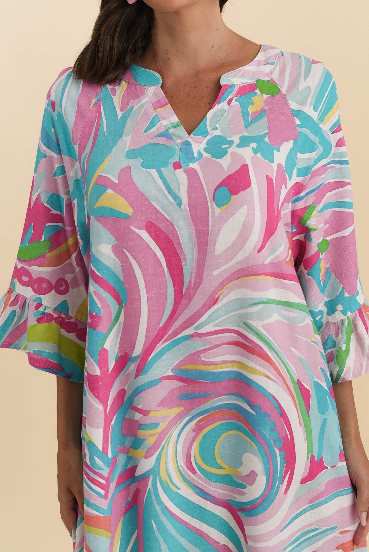 Millicent Pink Swirl Linen Cotton Dress Detail View