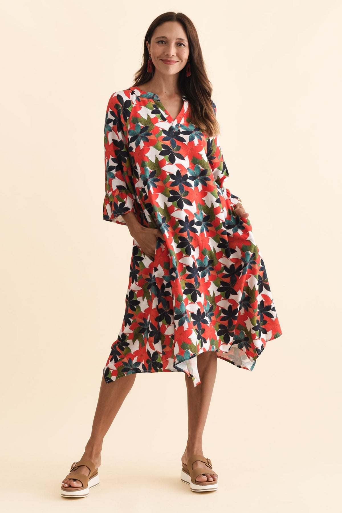 Millicent Red Leaf Linen Cotton Dress Front View 2