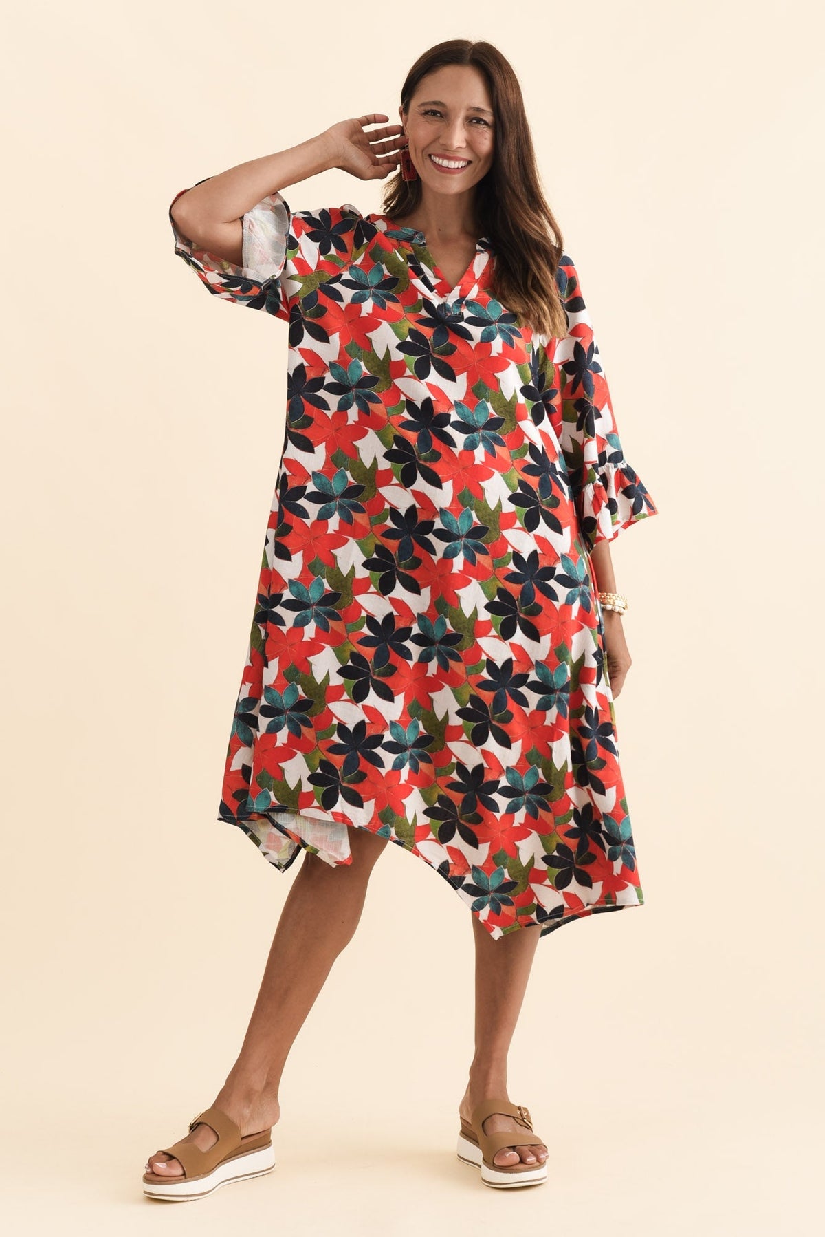 Millicent Red Leaf Linen Cotton Dress Full Length View