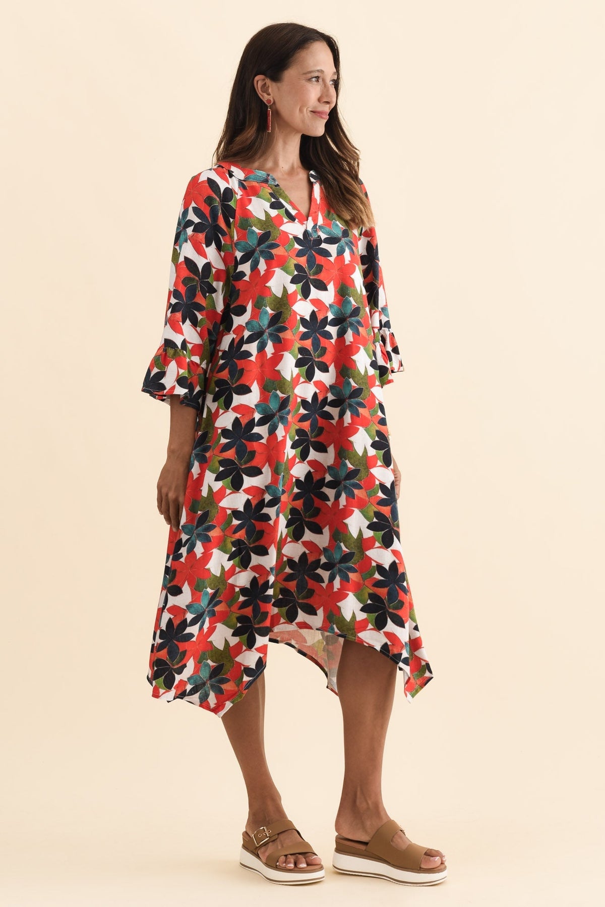 Millicent Red Leaf Linen Cotton Dress Back View