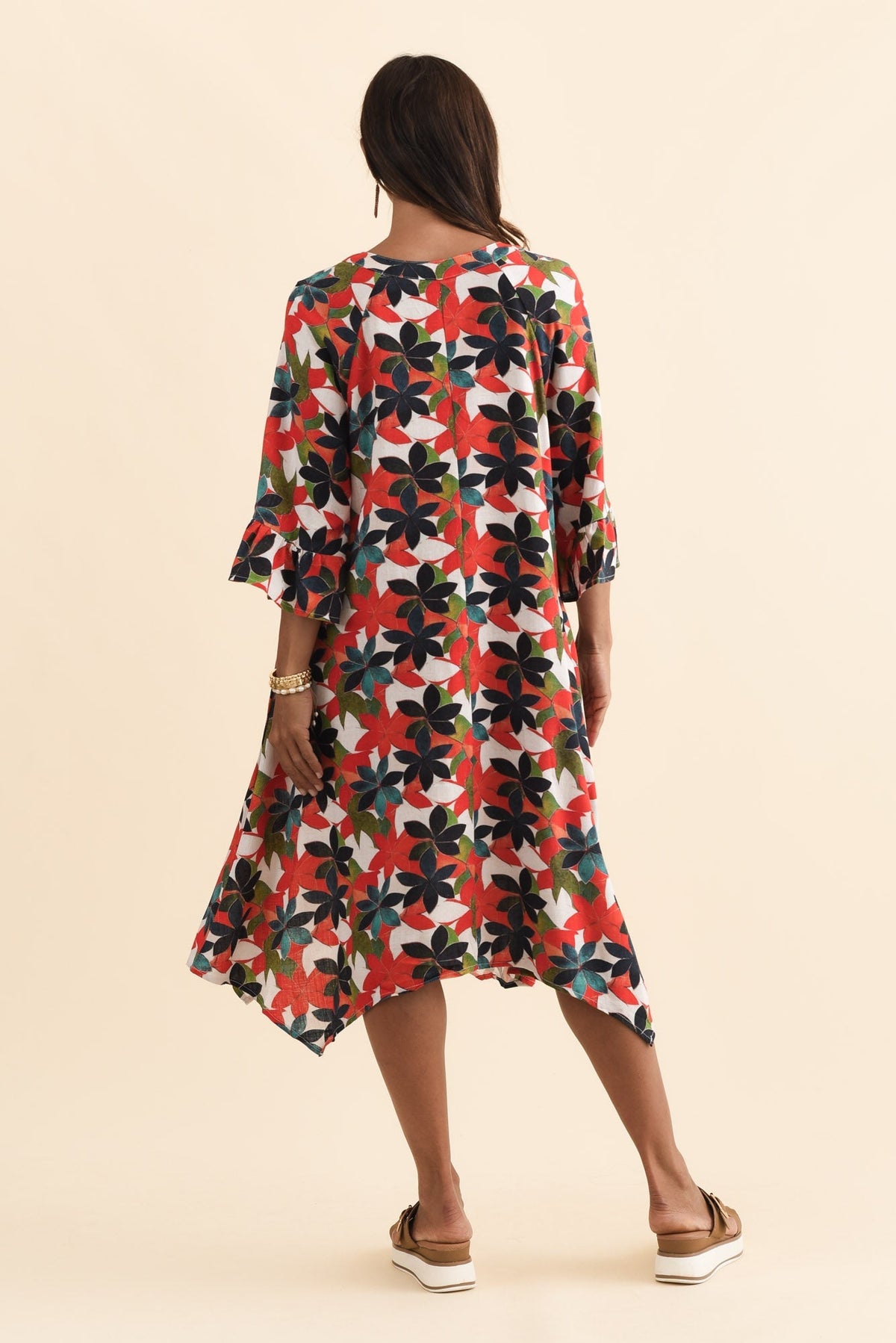 Millicent Red Leaf Linen Cotton Dress Side View