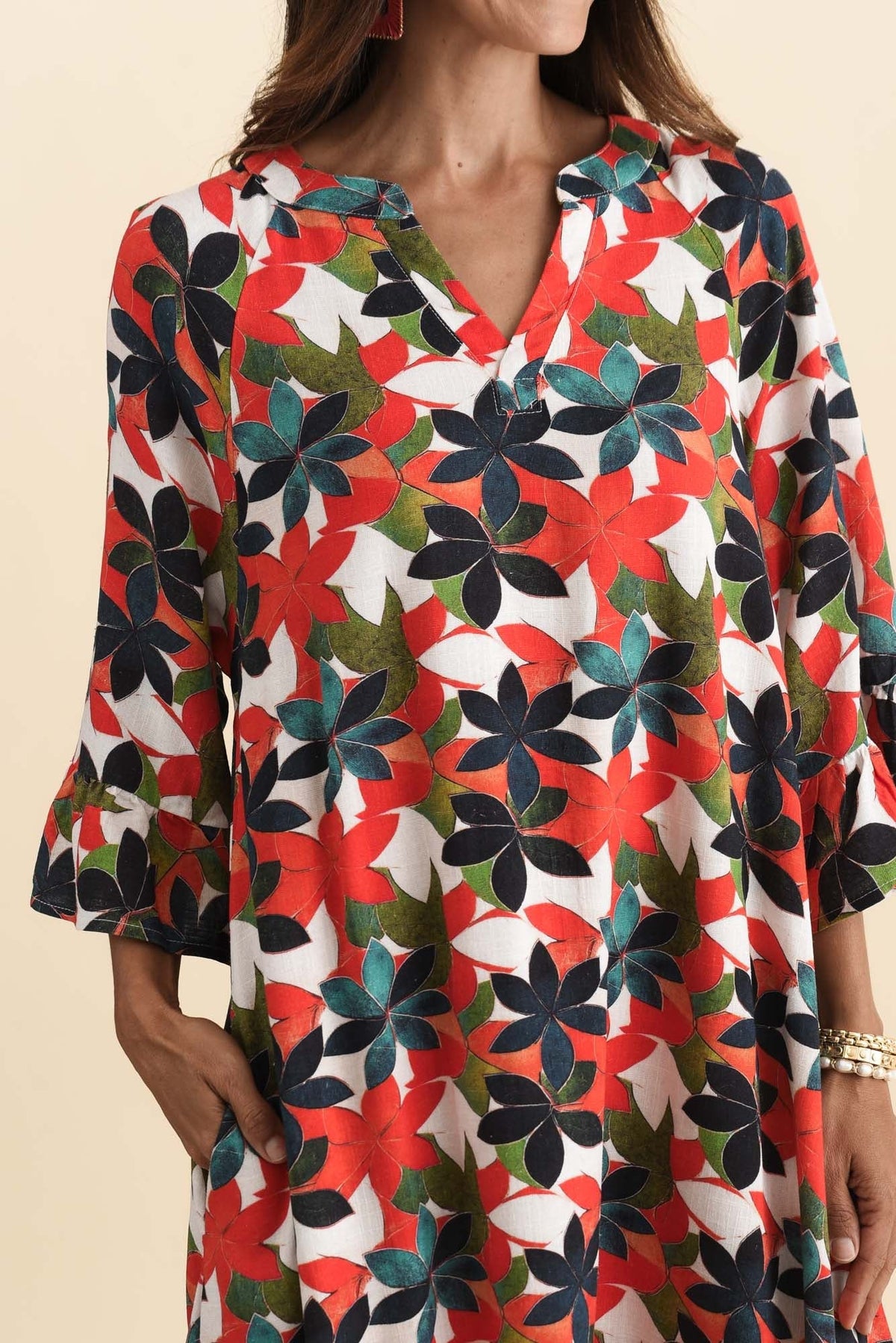 Millicent Red Leaf Linen Cotton Dress Detail View