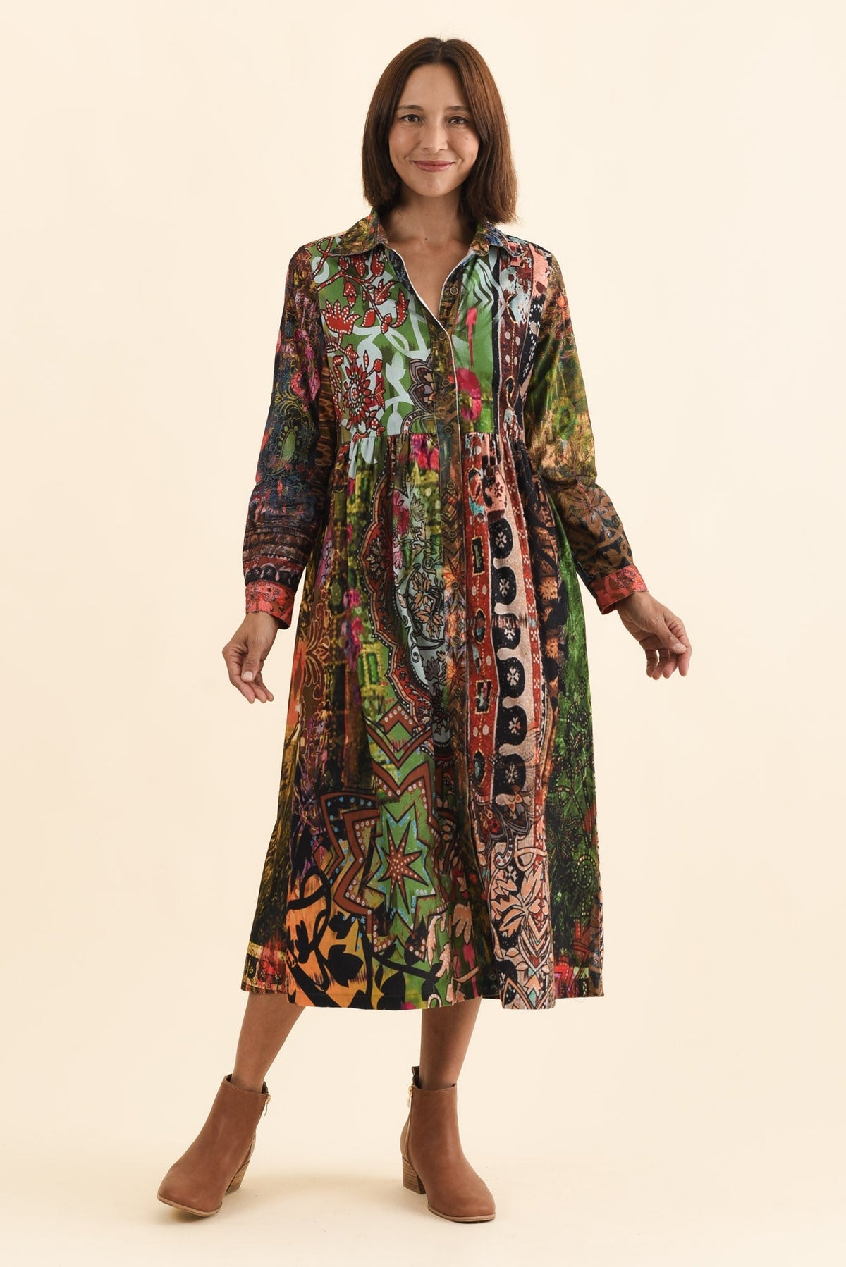 Minara Green Abstract Cotton Shirt Dress Full Length View