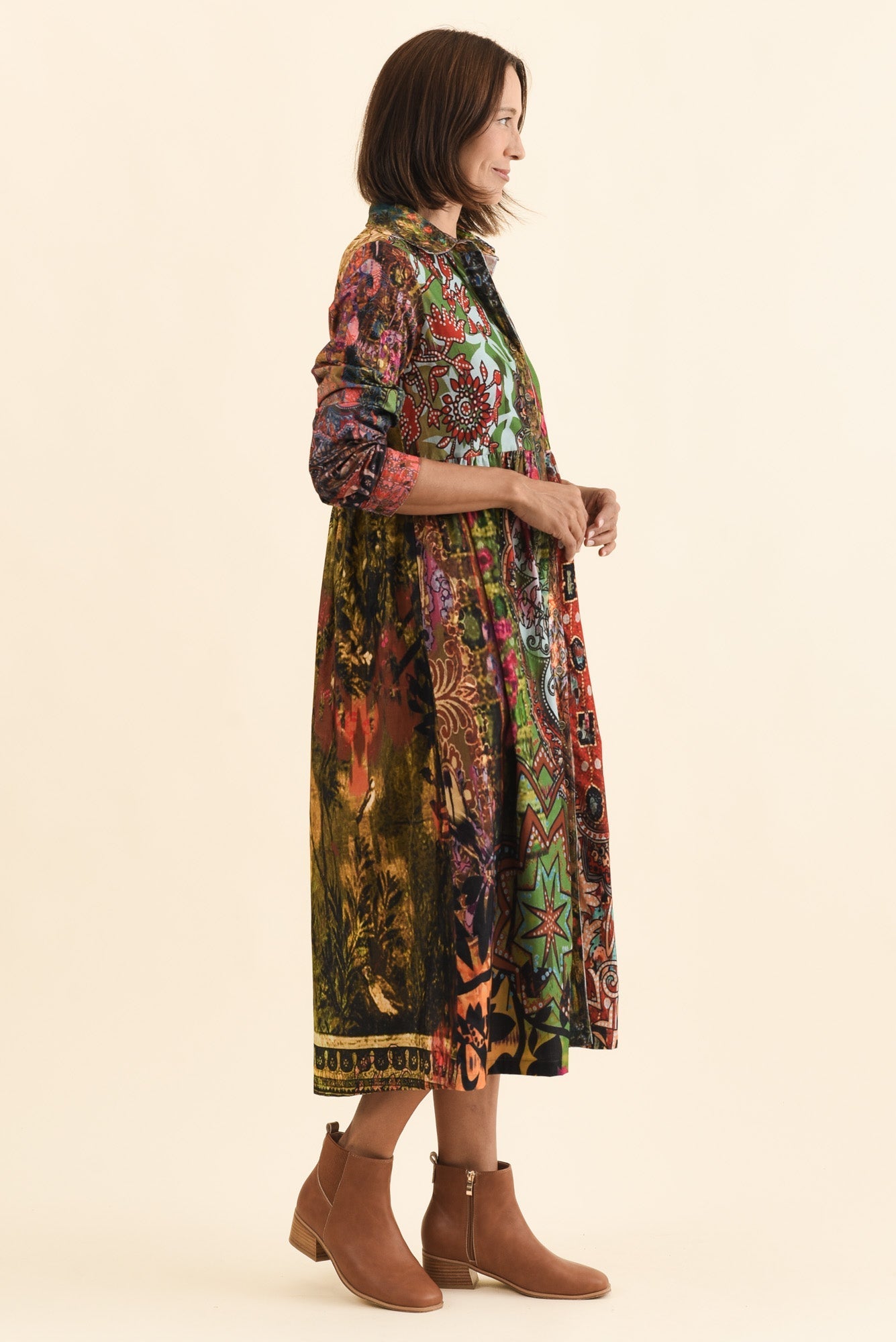Minara Green Abstract Cotton Shirt Dress Back View